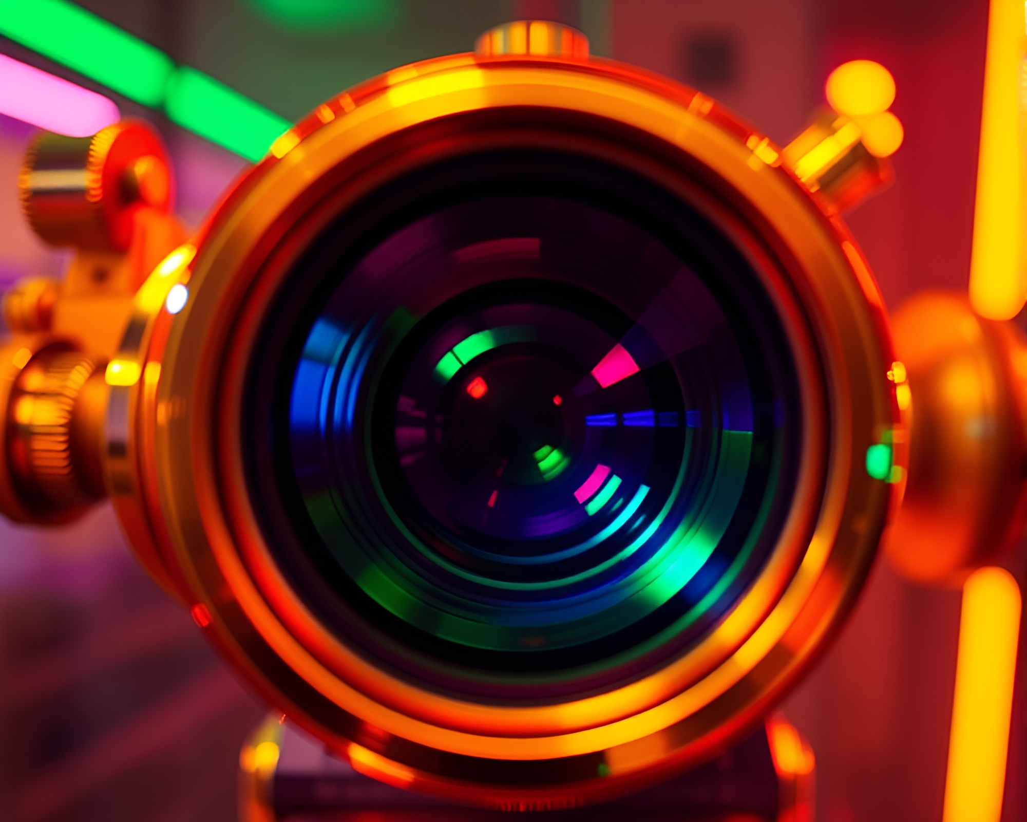 Brass Telescope in Vibrant Swirling Neon Lights – free AI stock image
