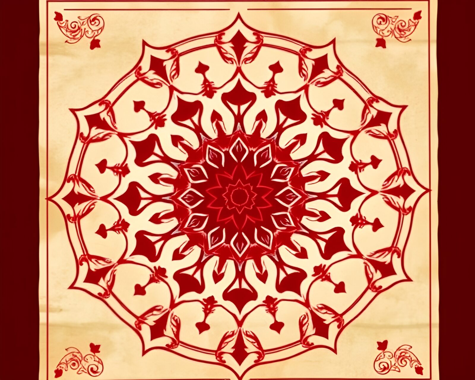 Intricate radial design on ancient scroll in crimson blueprint