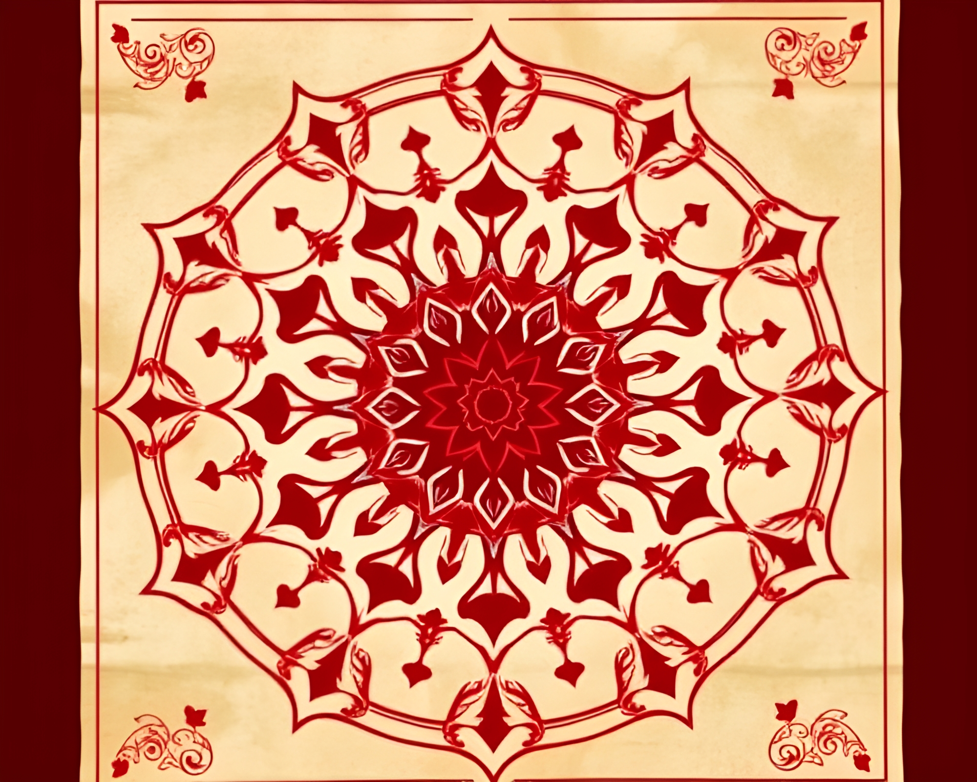 Ancient Scroll with Ruby Red Symmetry Blueprint Design – free AI stock image