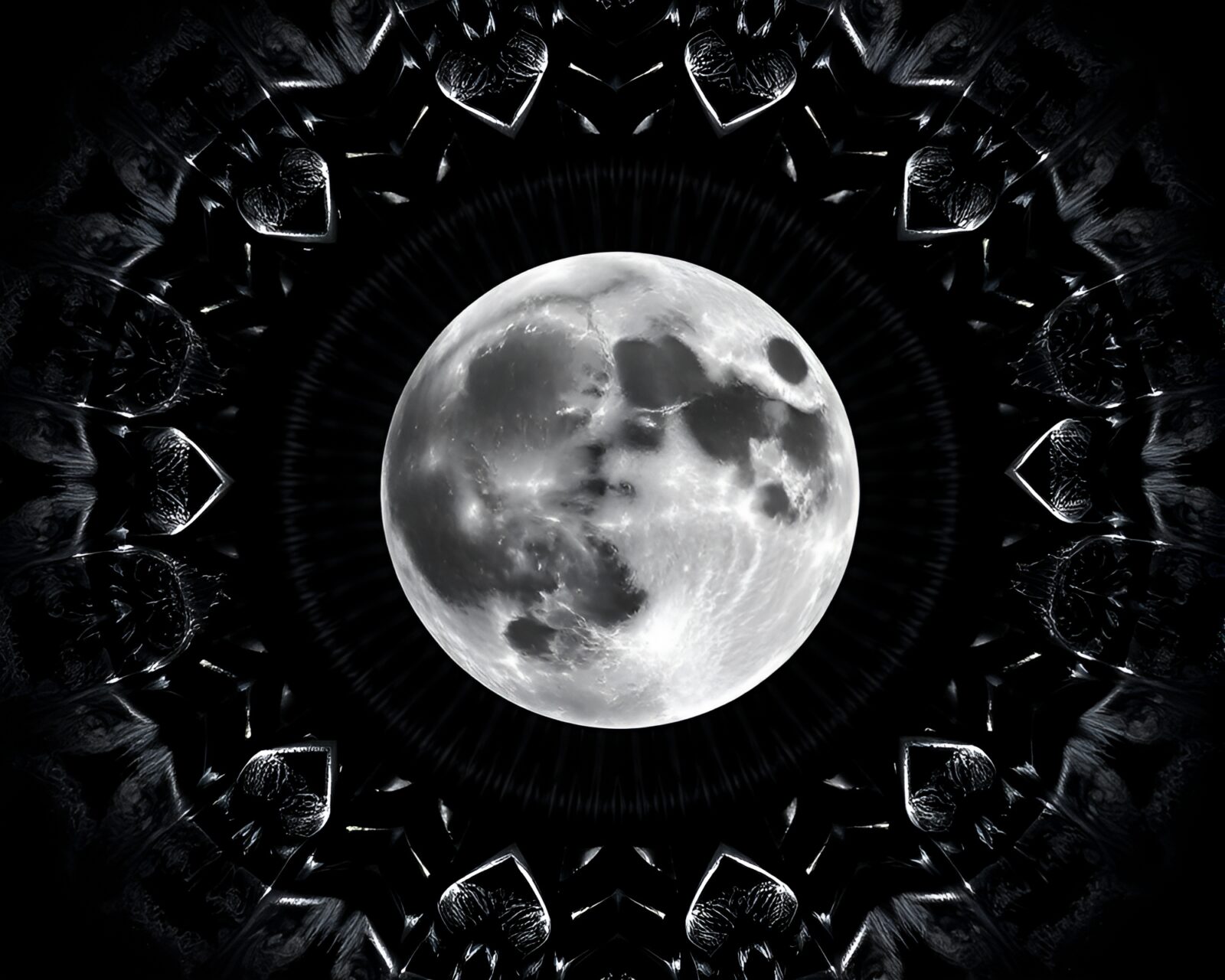 Radial symmetrical holographic eclipse illuminated in lunar grayscale light