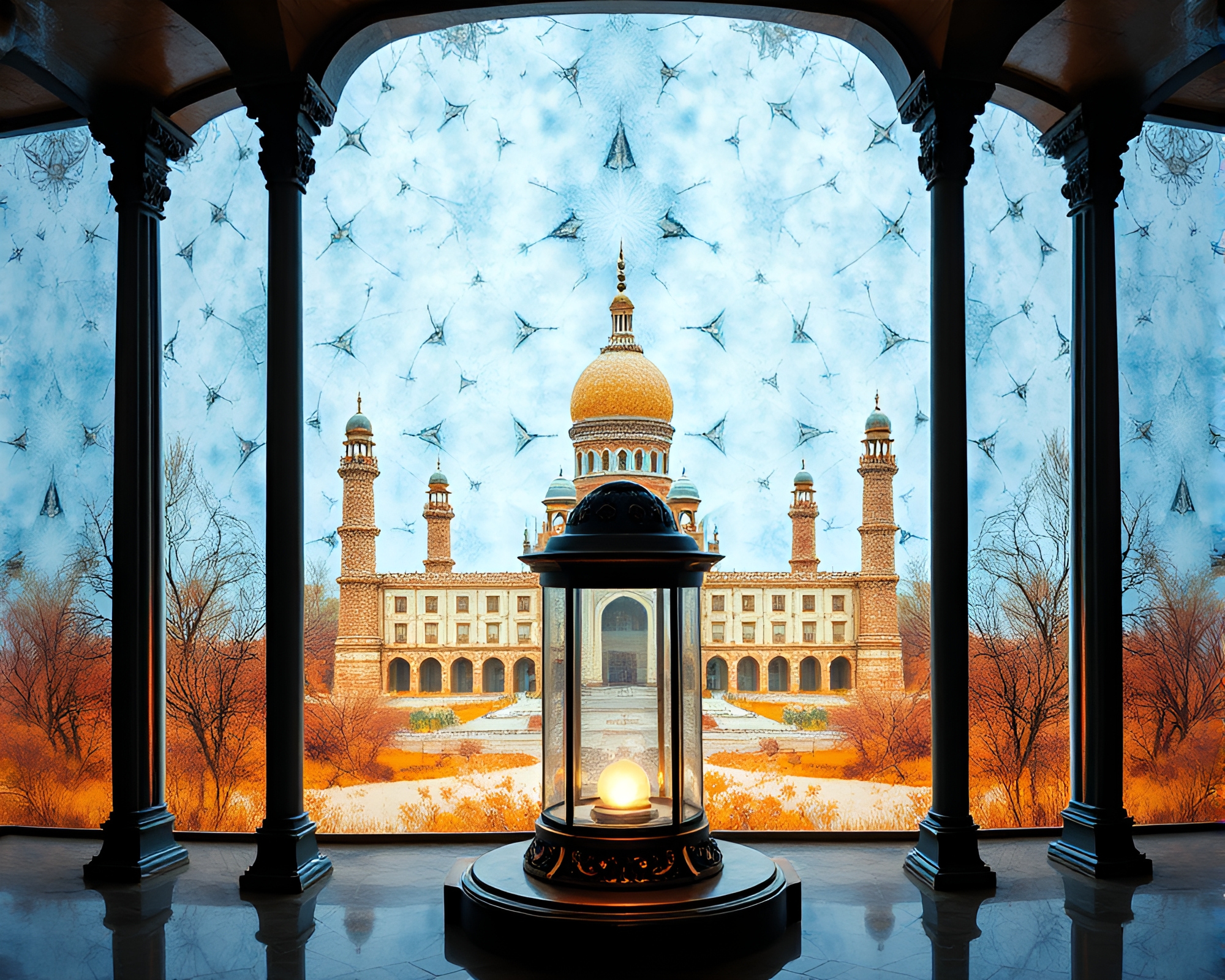 Intricate Wildlife Watercolor Lamp in Kaleidoscope Architectural Frame – free AI stock image
