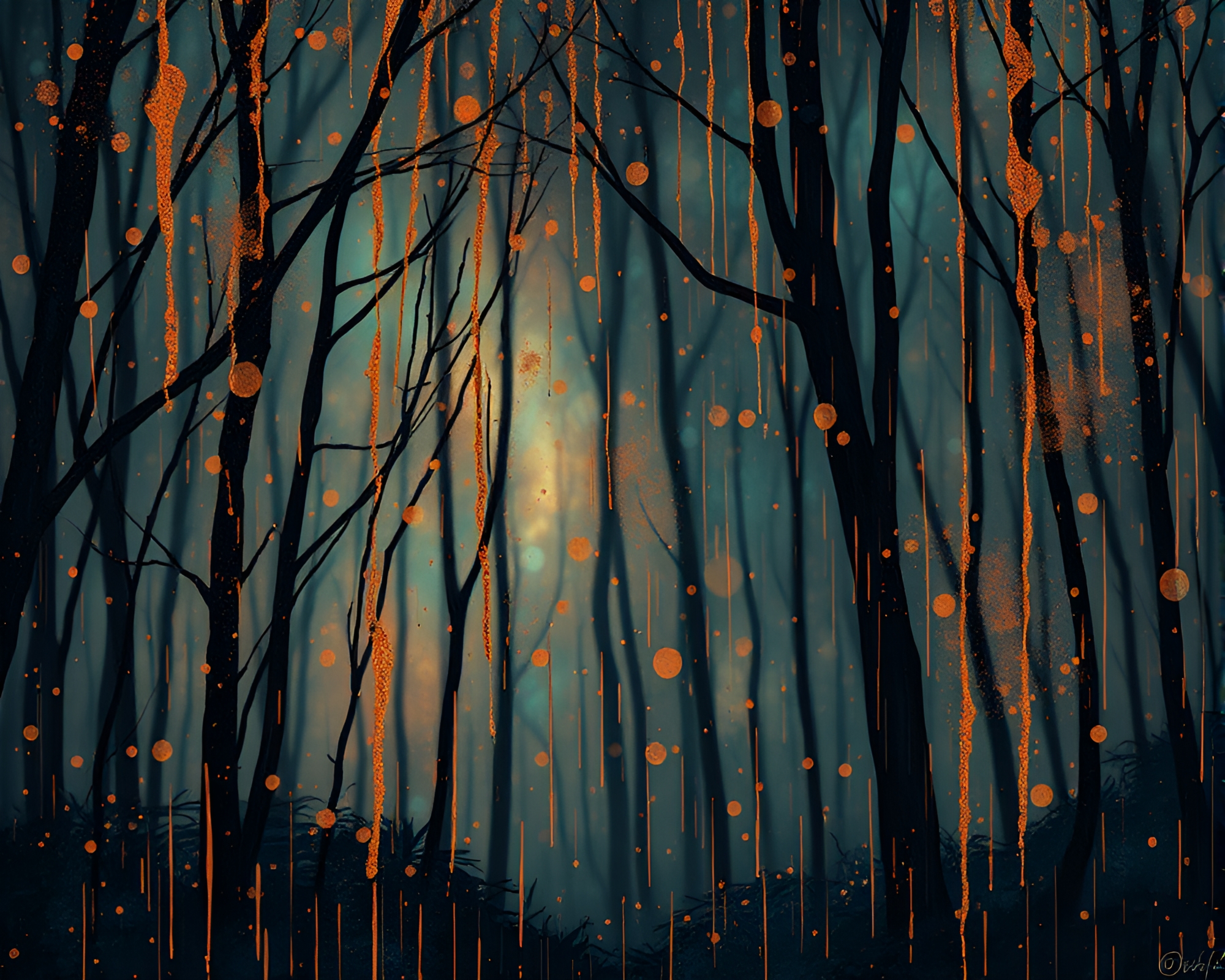 Bioluminescent Forest in Copper Rain Droplets Splatter Art – free AI stock image