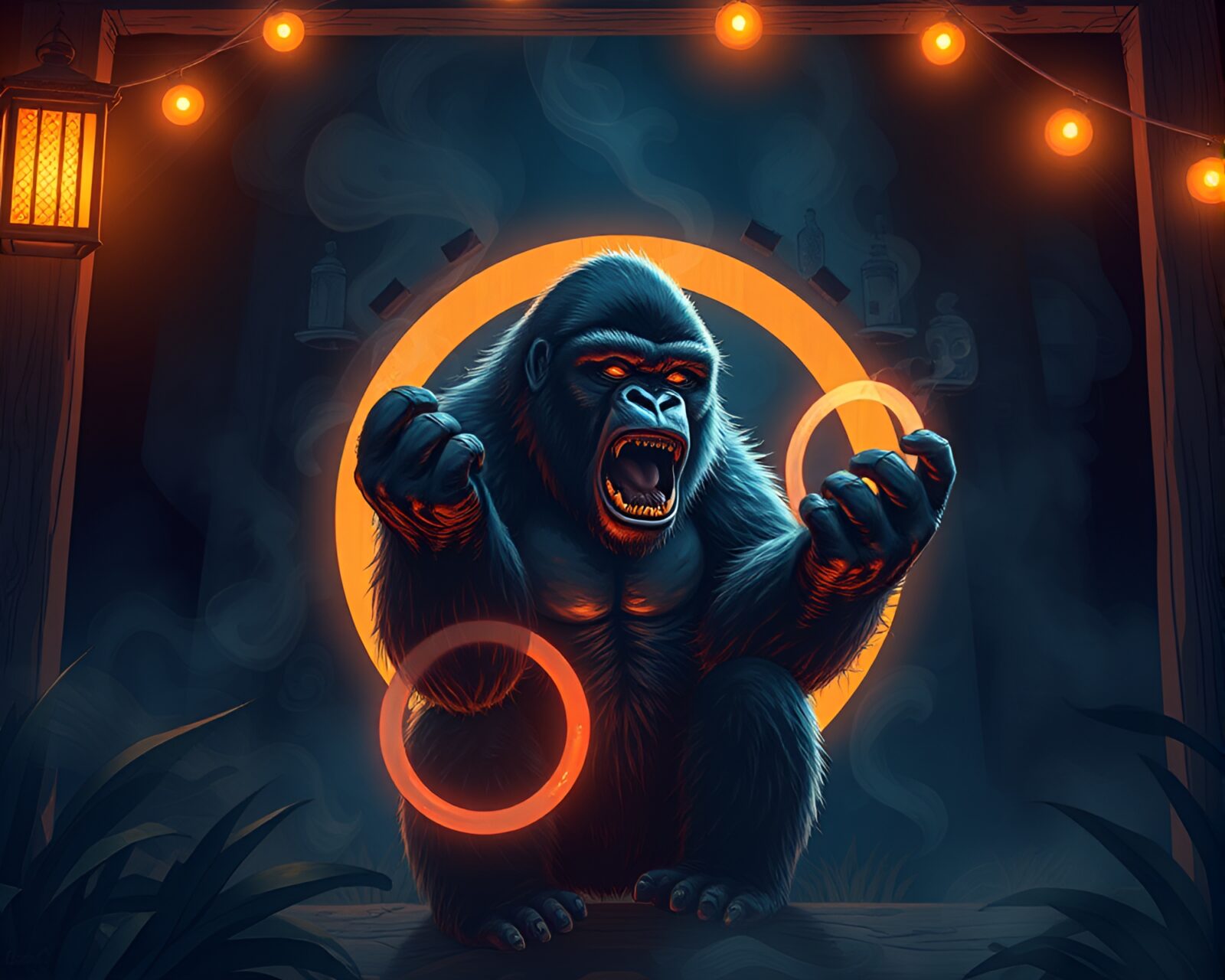 Majestic gorilla surrounded by mystical smoke rings at night