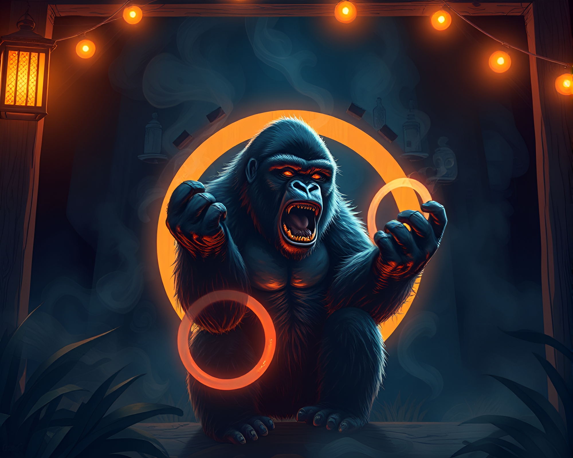 Gorilla King blowing smoke rings under porchlight – free AI stock image