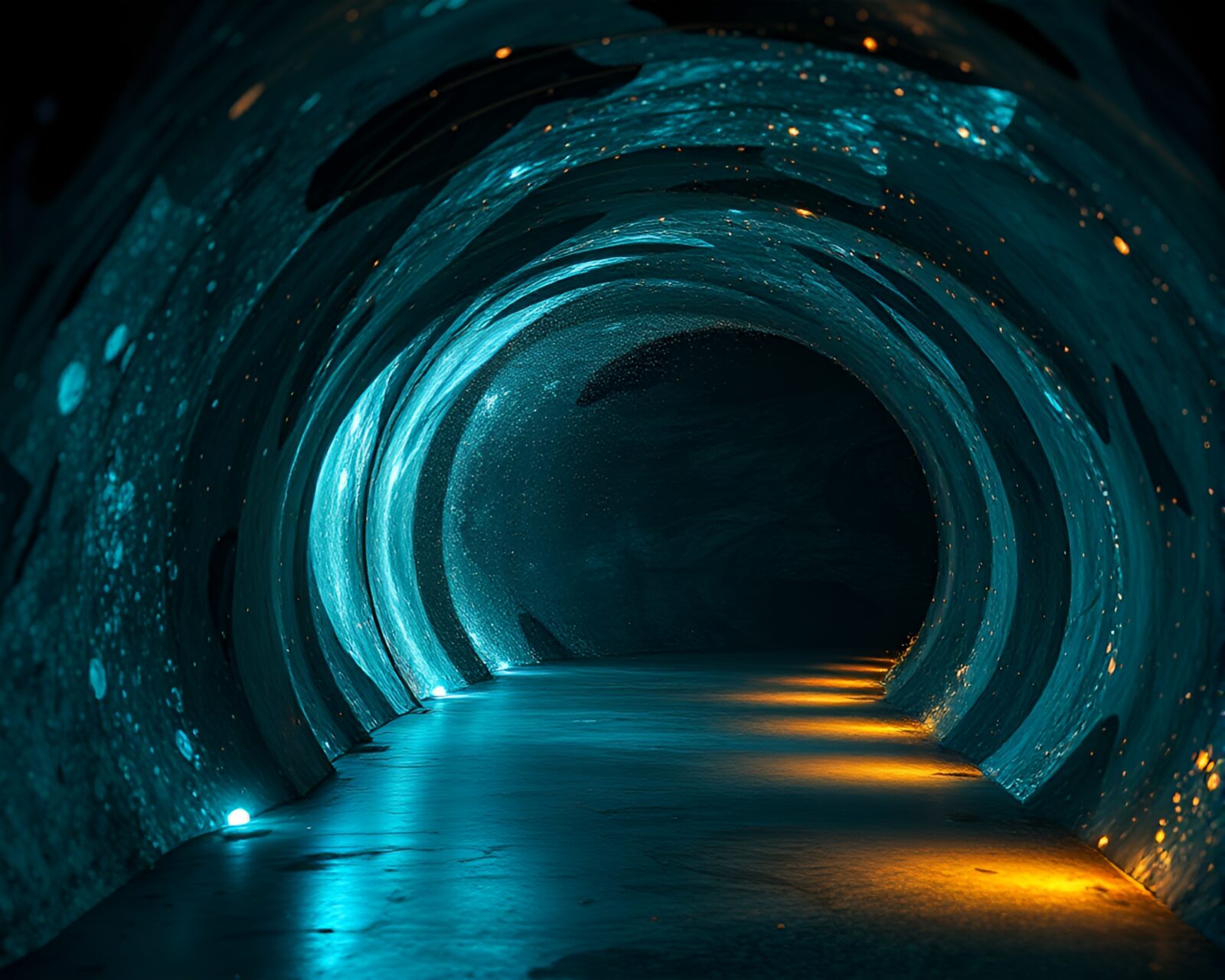 CGI render of glass tunnel with dramatic lighting effects