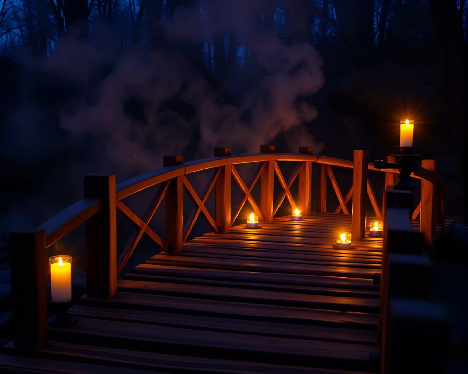Enchanting scene with candlelit wooden bridge in cobalt blue haze