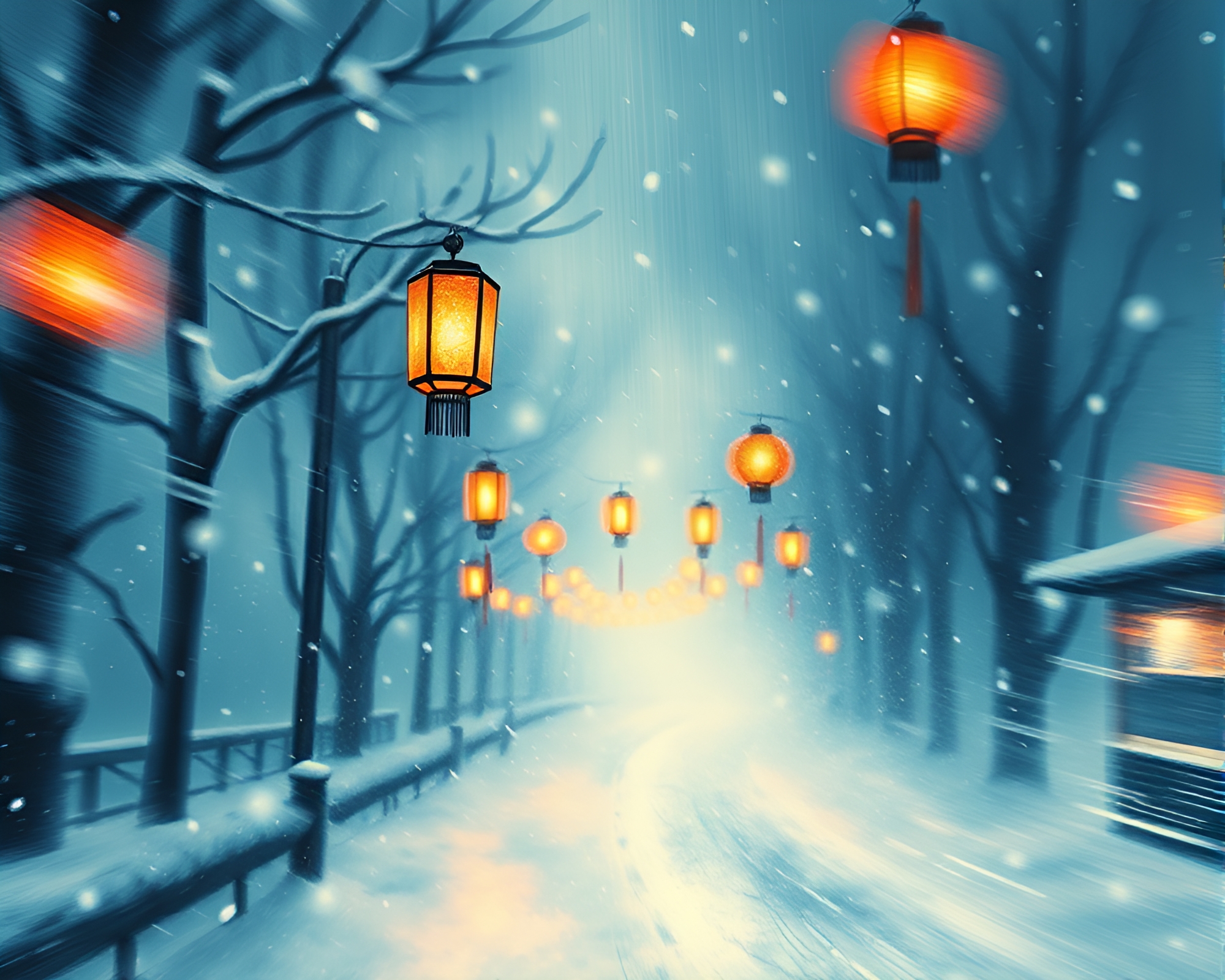 Snowy Lantern Path with Motion Blur Streaks – free AI stock image