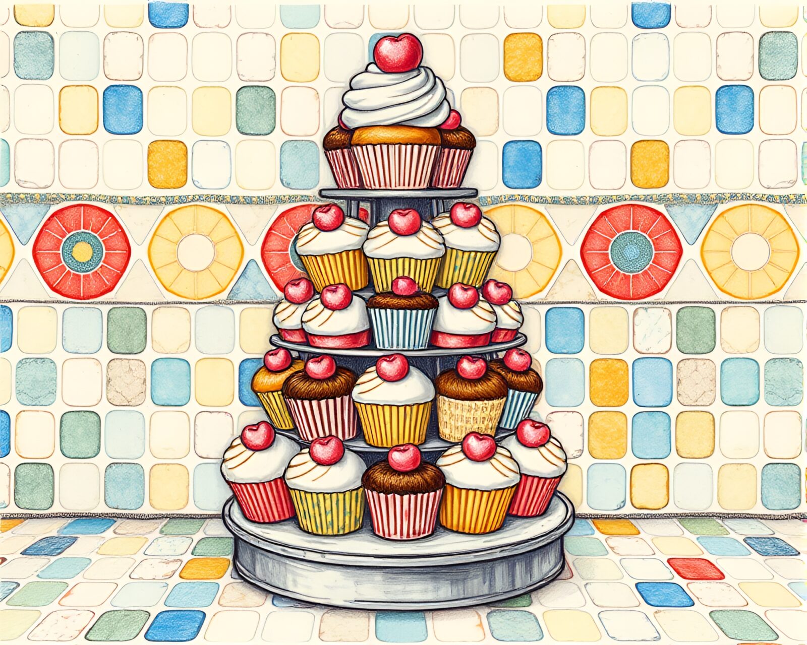 An artistic rendering of a tower of cupcakes in vintage style