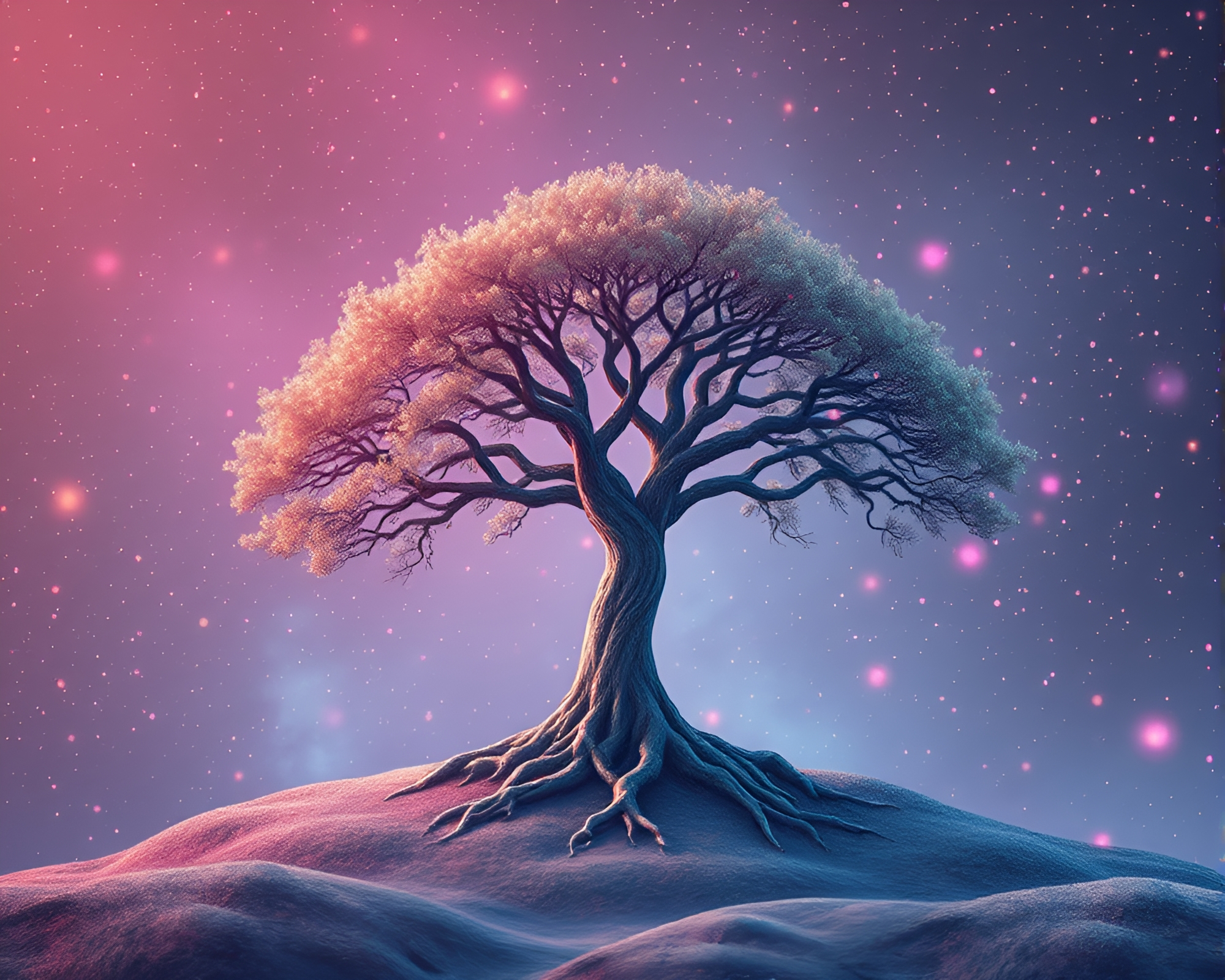 Ancient Tree with Holographic Specks in Planetary Pastels – free AI stock image