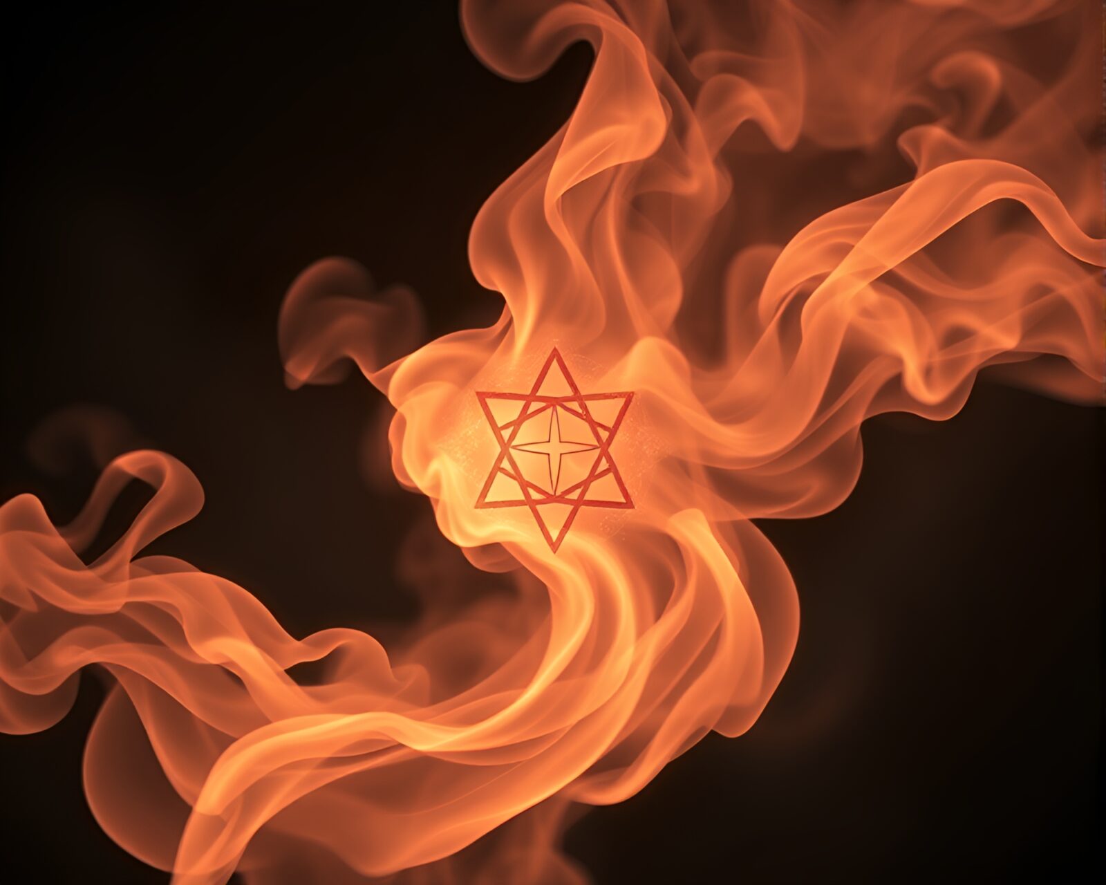 Photorealistic image of alchemical symbols in misty peach light