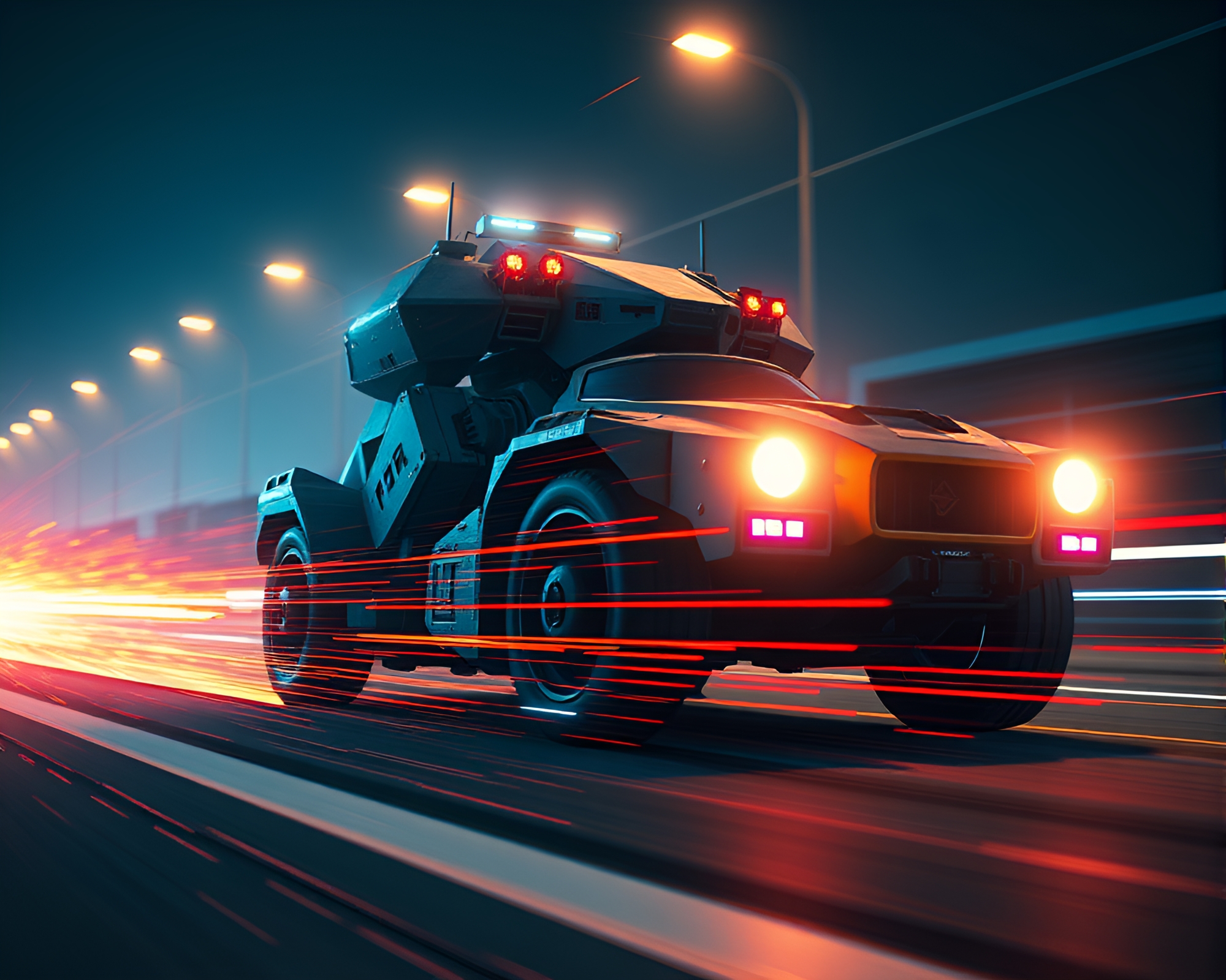 Futuristic Battle Mech Roaming Through Dynamic Car Light Trails – free AI stock image