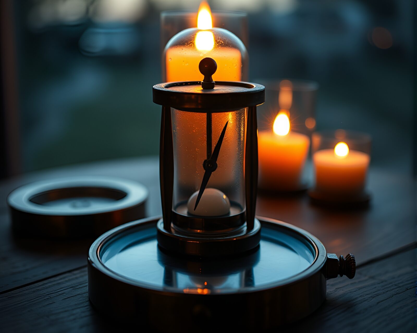 Vintage compass glowing in afternoon candlelight through glass