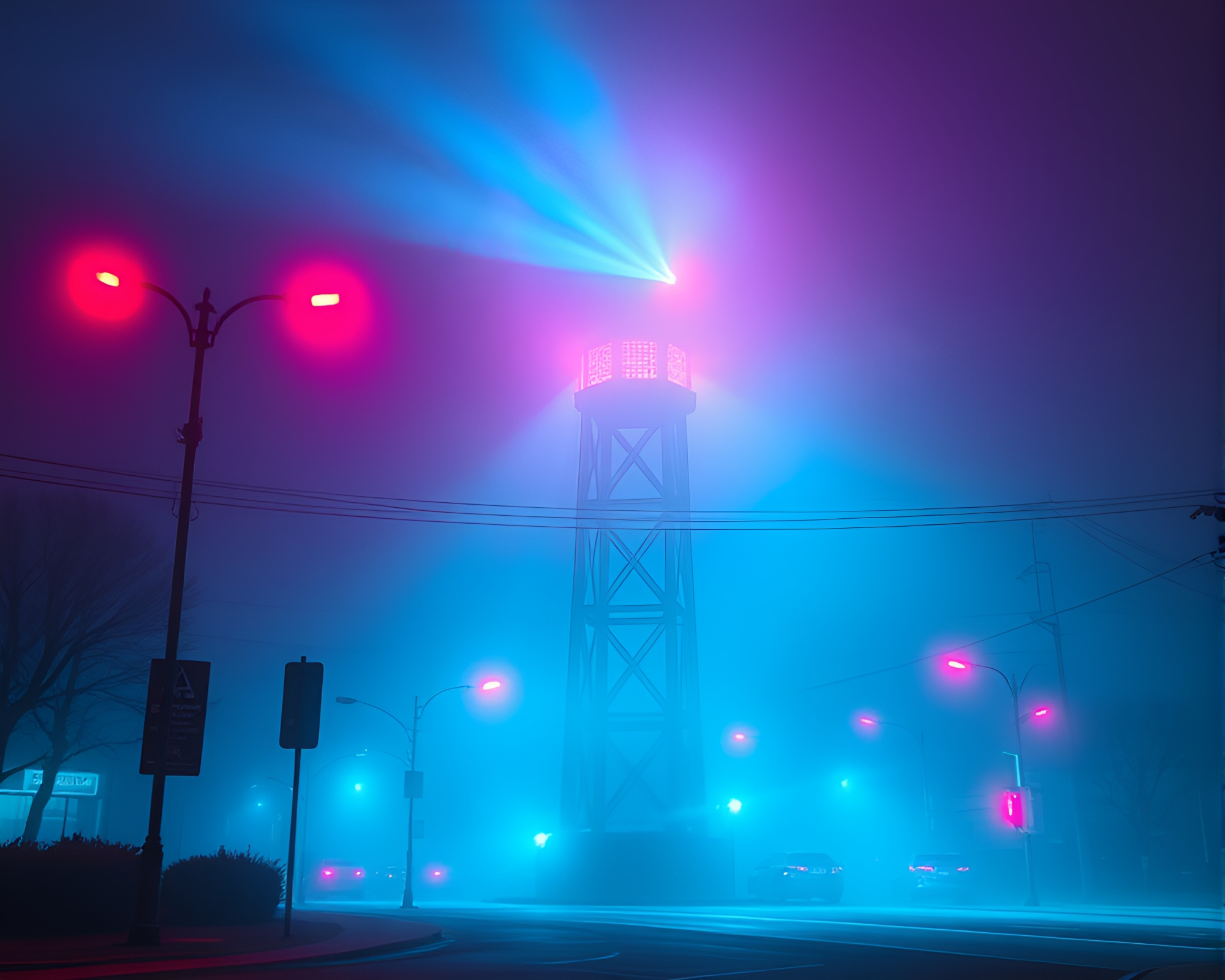 Ethereal Tower Emerging from Neon Fog Banks – free AI stock image