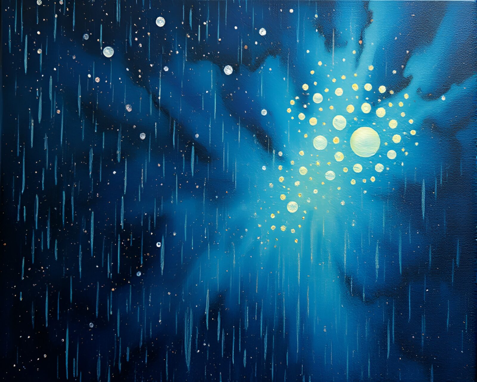 Ethereal rain droplets shimmer in cosmic horror palette knife painting