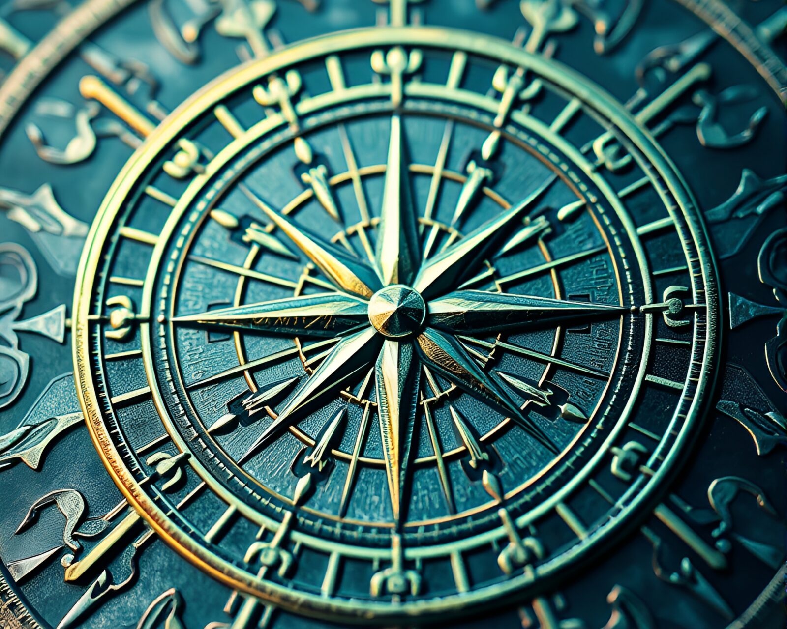 Technical illustration of a compass with foil stamping and vibrant kaleidoscope lighting