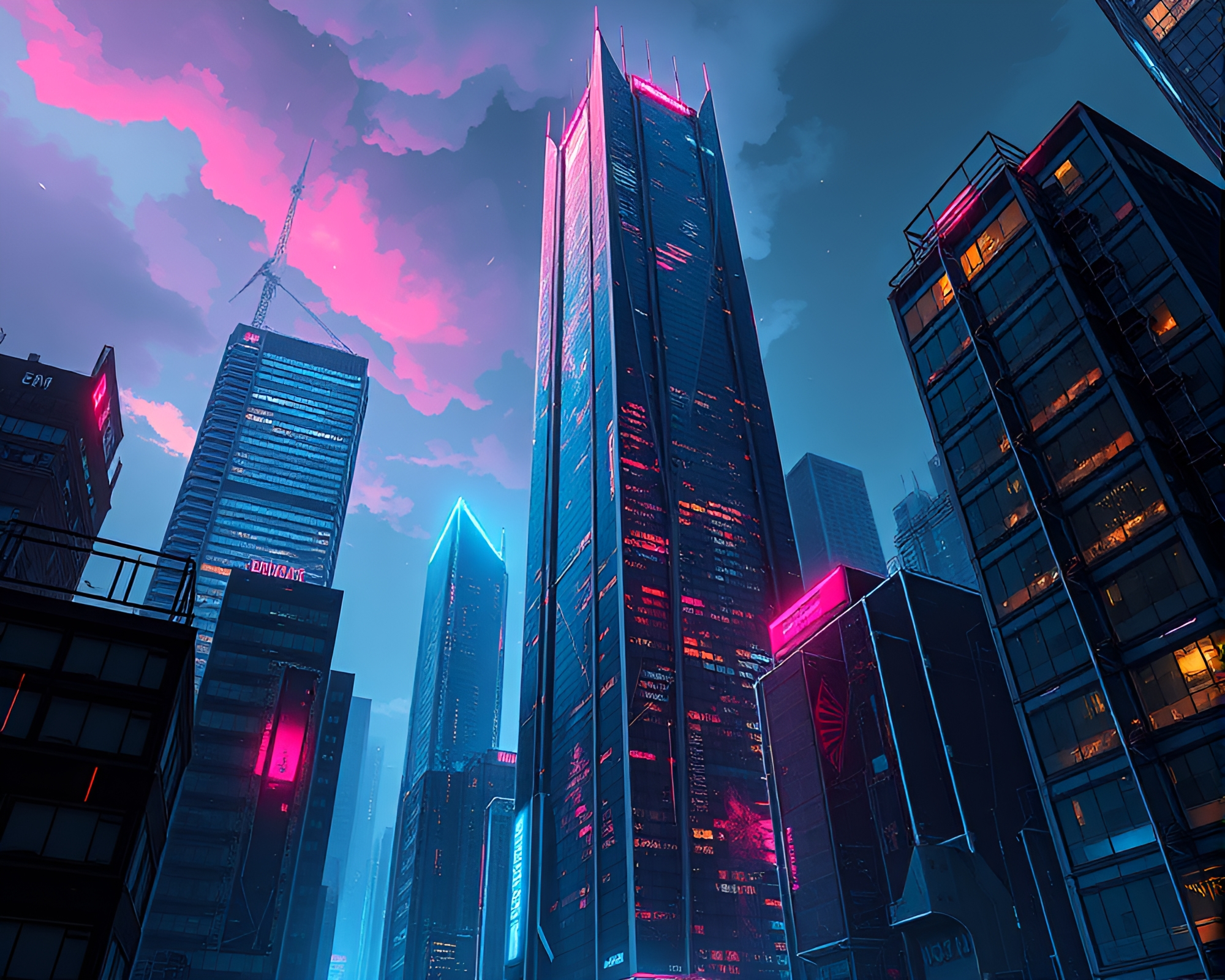 Futuristic Skyscraper Night View Cyberpunk Illustration – free AI stock image