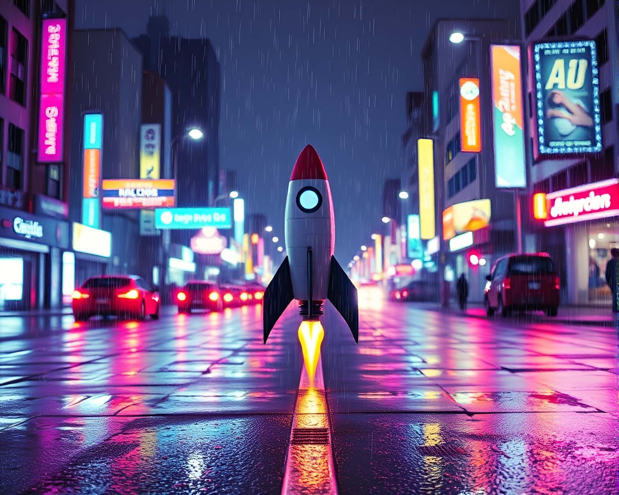 Rocket Launch on Pixelated Wet Pavement – free AI stock image