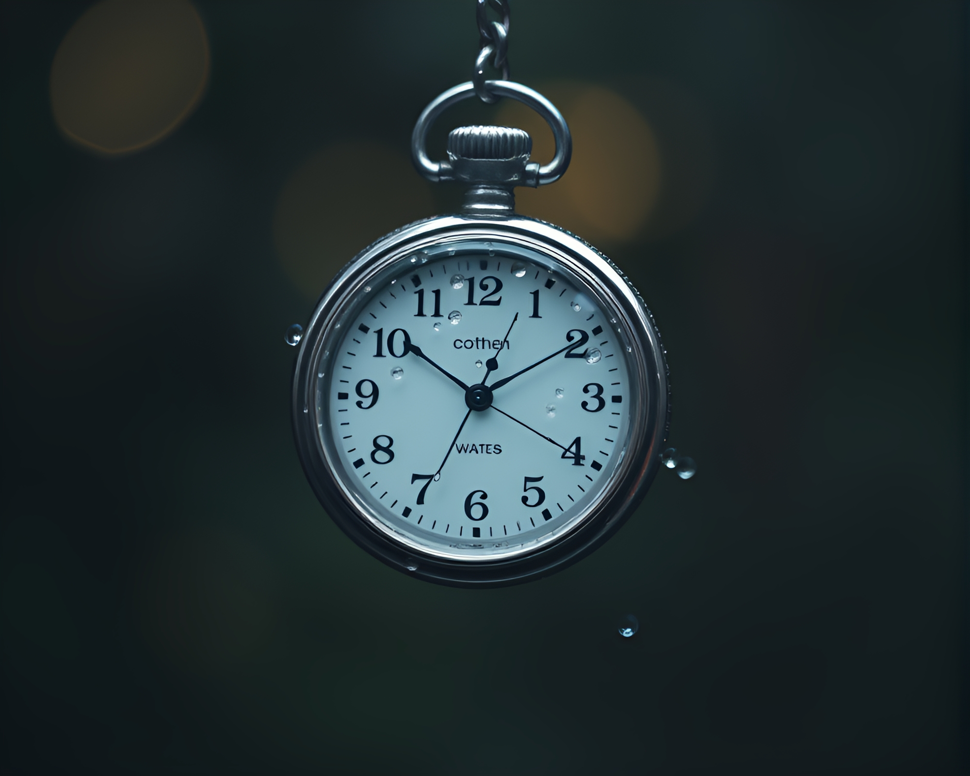 Ethereal Pocket Watch Reflection with Water Droplets – free AI stock image