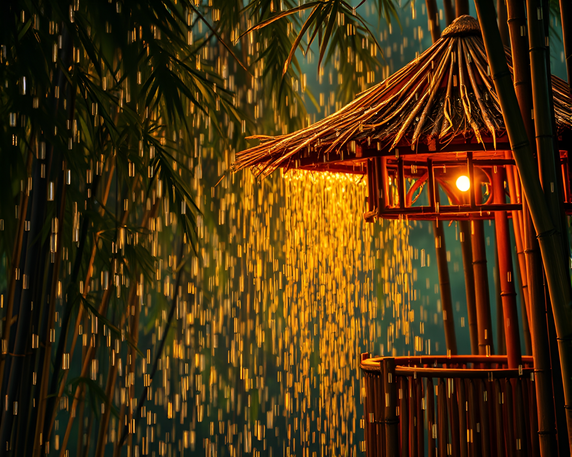 Bamboo Hut in Op Art Rain Droplets – free AI stock image