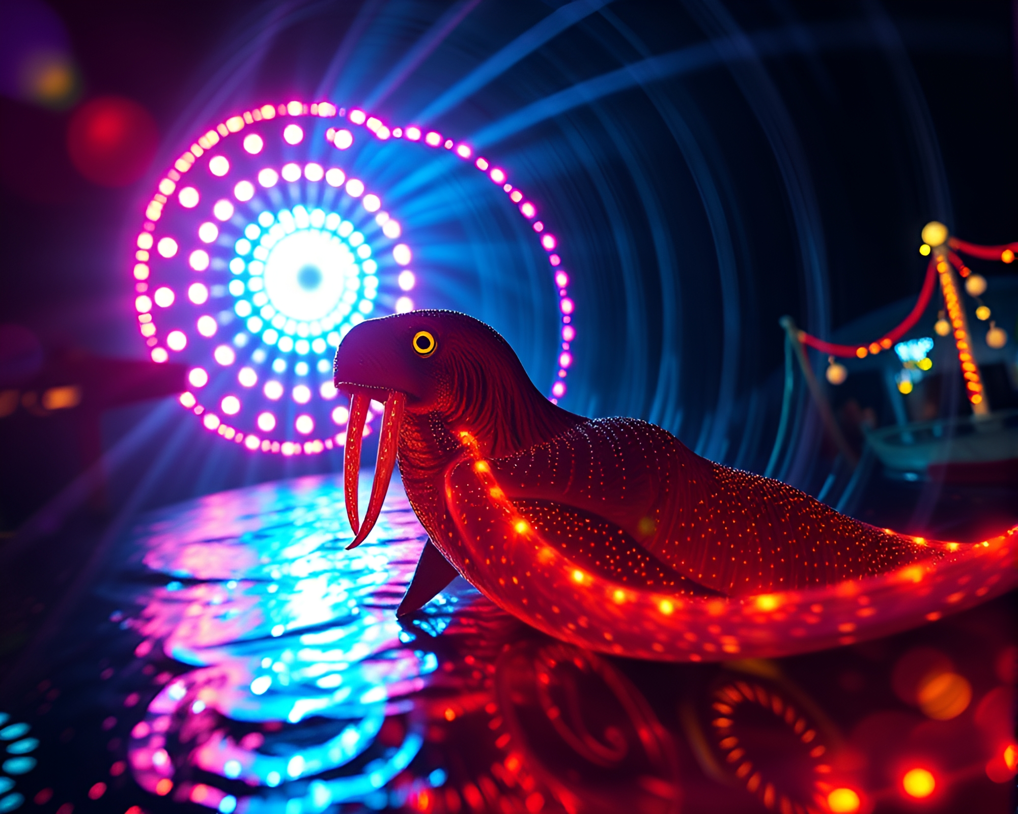 Spectacular Fibonacci Spiral Walrus Amid Carnival Lights – free AI stock image