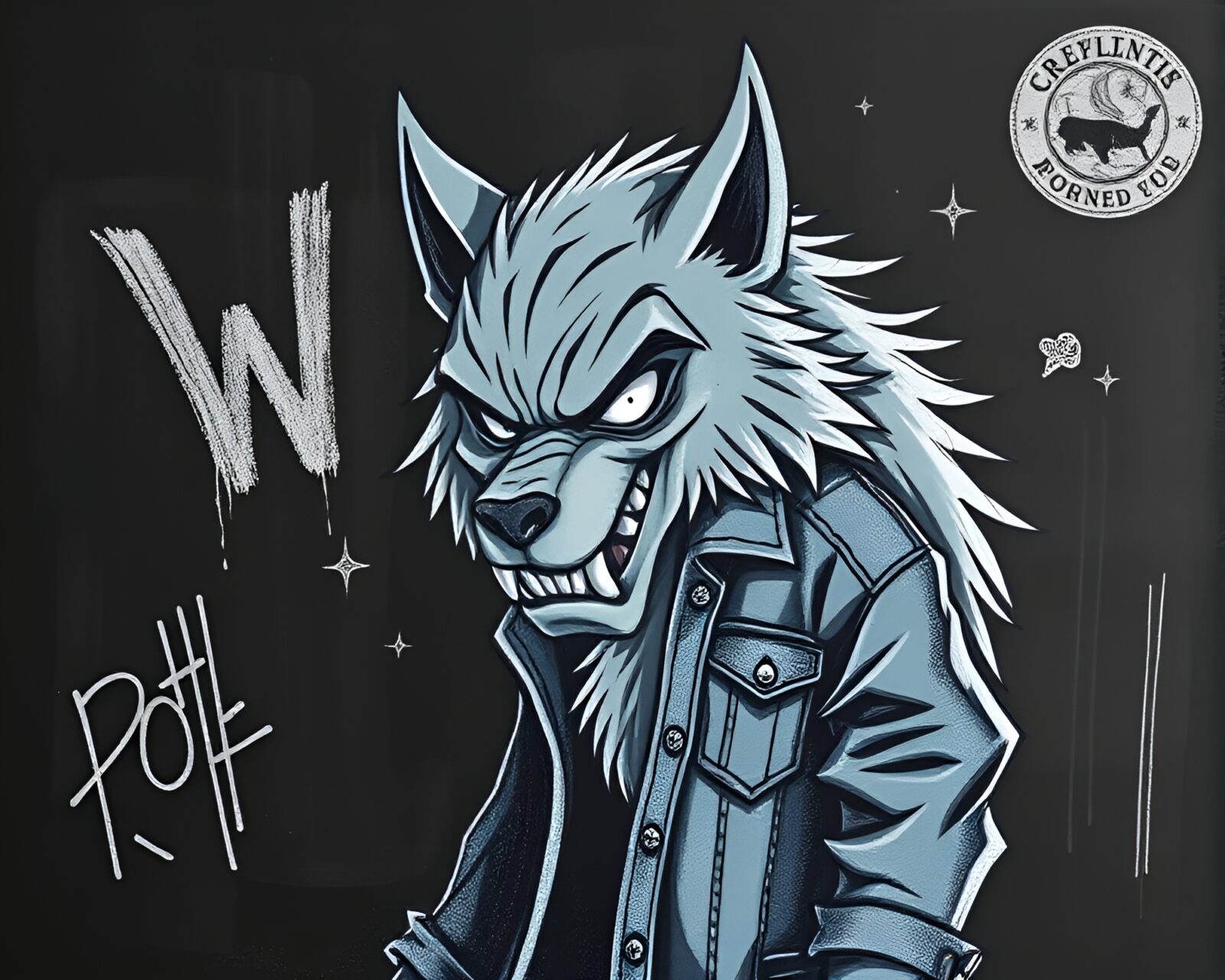 Whimsical cartoon werewolf drawn with chalk on denim wall