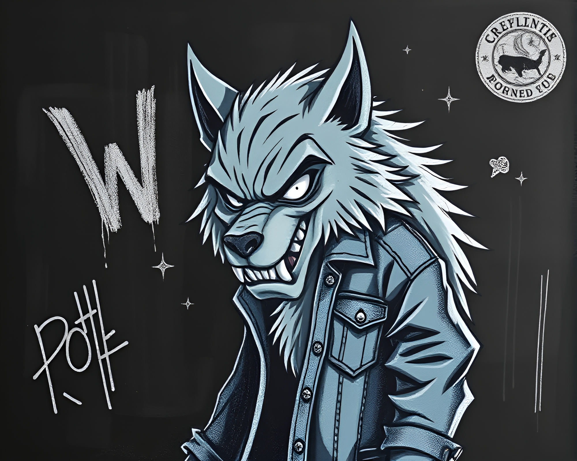 Cartoon Werewolf Chalk Drawing in Faded Denim Style – free AI stock image