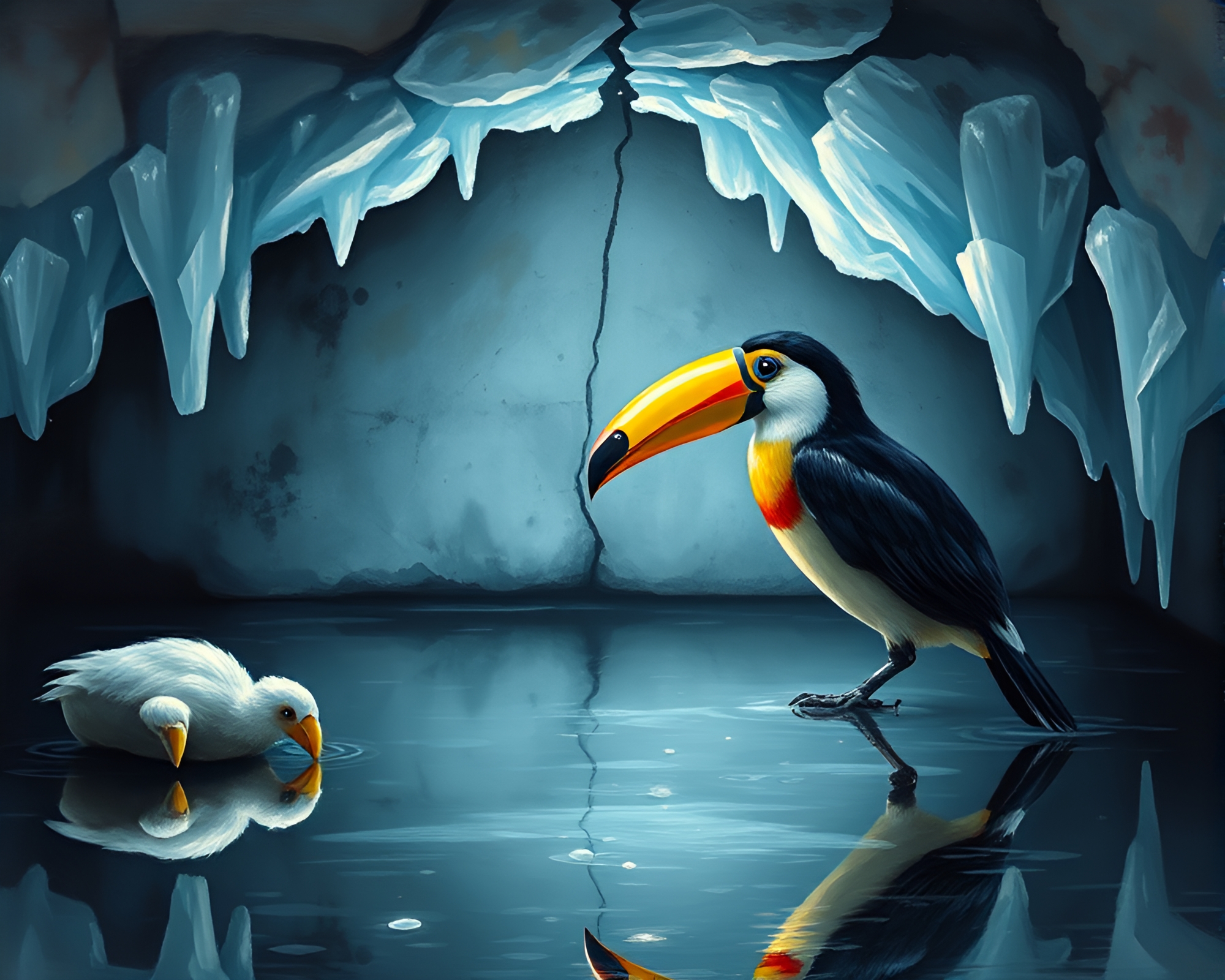 Melting toucan in fractured ice reflection – free AI stock image