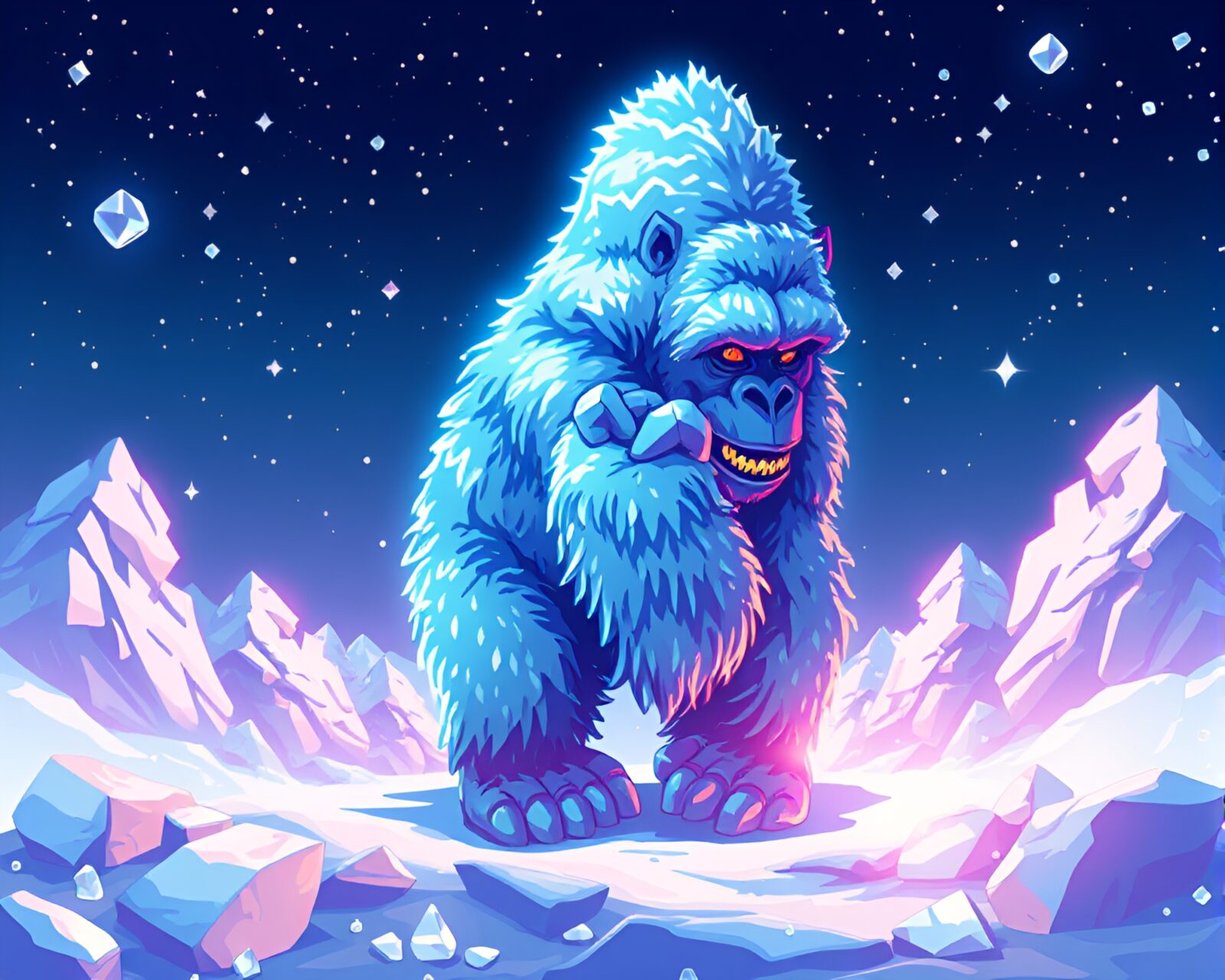 8-bit style gorilla with glossy highlights in ice crystal frame