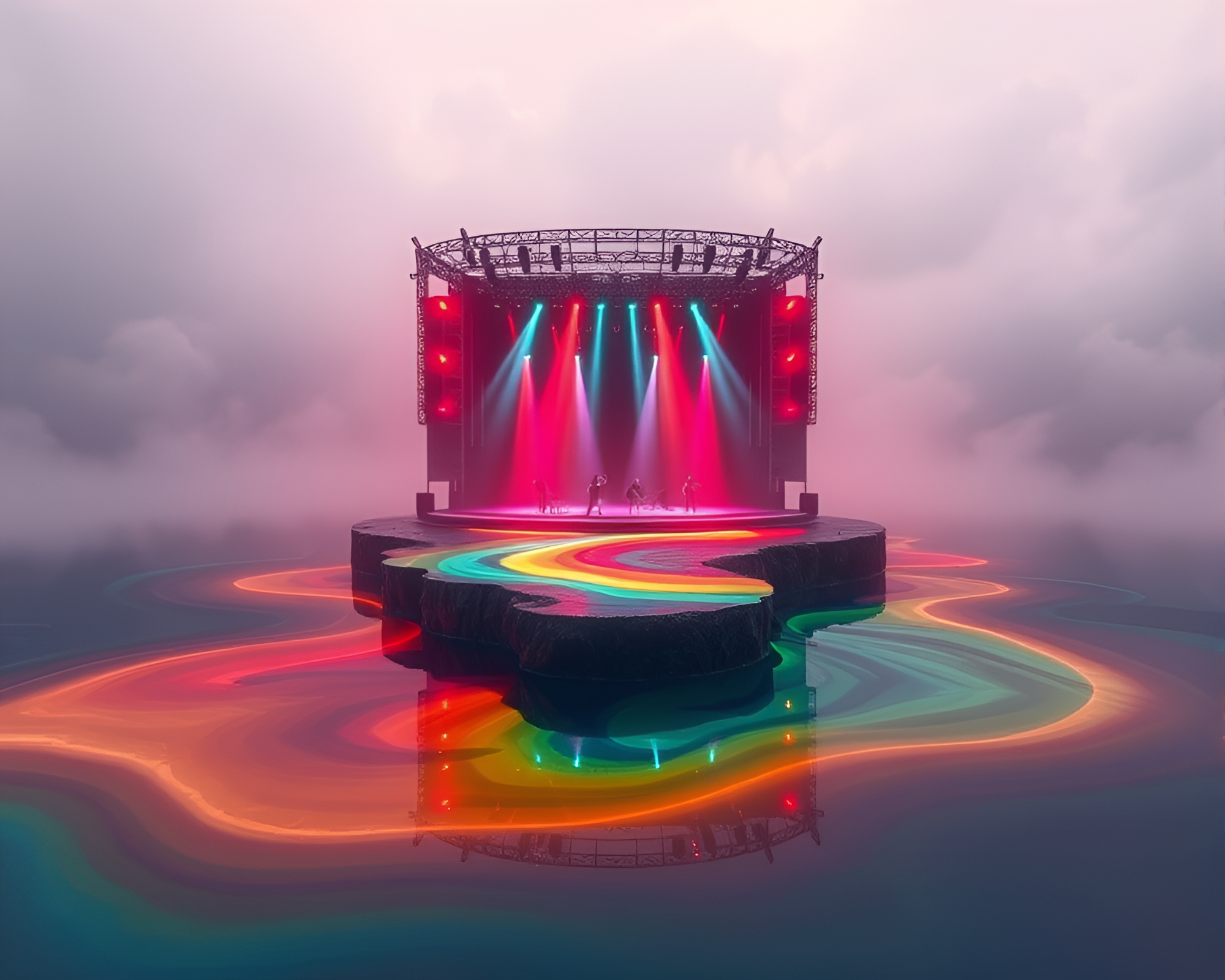 Oil Slick Rainbow Over Concert Stage on Floating Island – free AI stock image