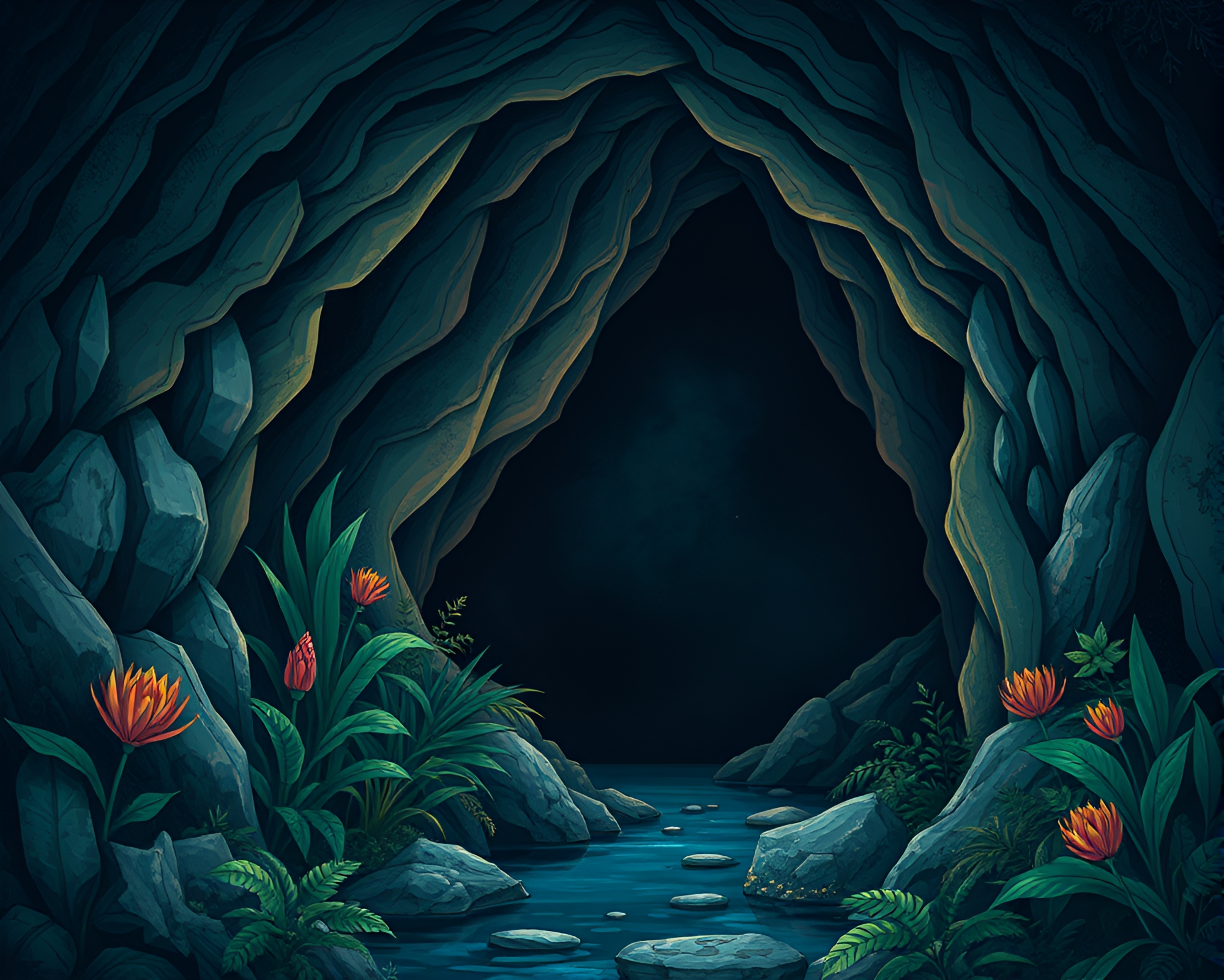Ethereal Glass Bridge Over Dark Cave Entrance – free AI stock image
