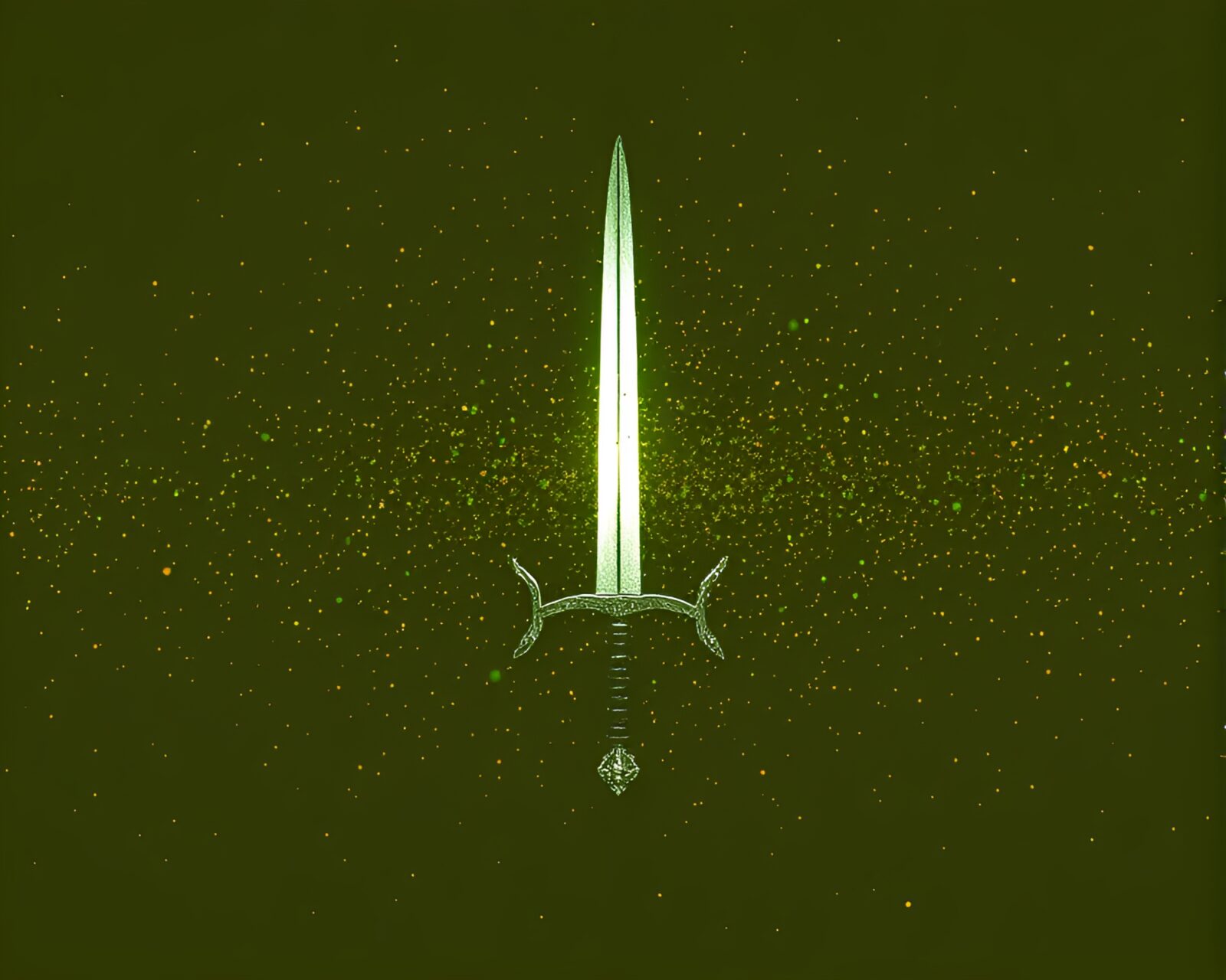 Fantasy warrior brandishing sword in halftone hologram world