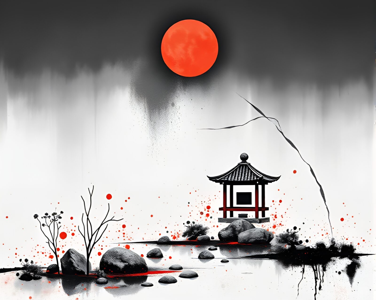 Serene Zen garden with minimalistic design and colorful paint splatters