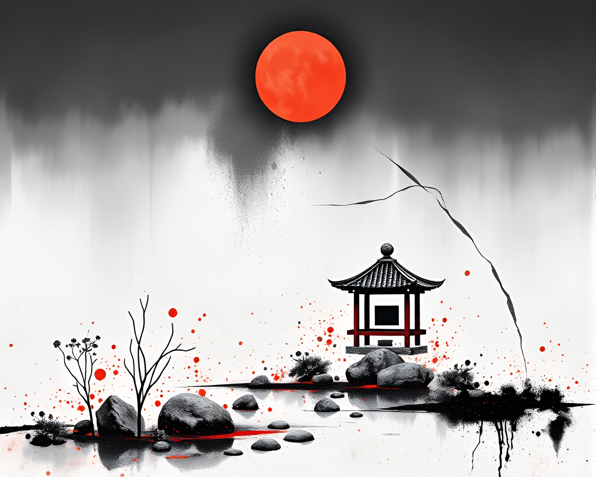 Minimalist Zen Garden with Paint Splatter Palette – free AI stock image