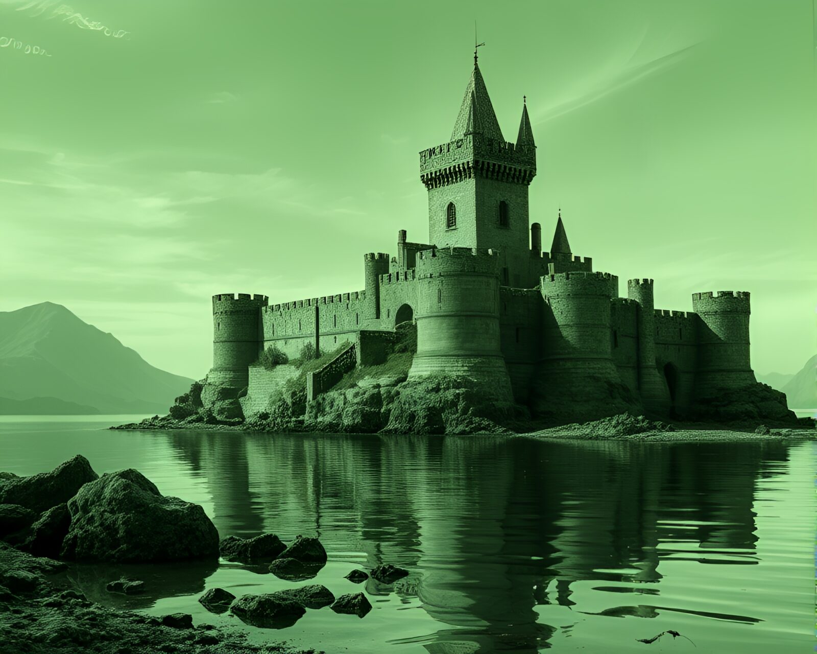 Monochrome green concept art of eerie castle reflected in water