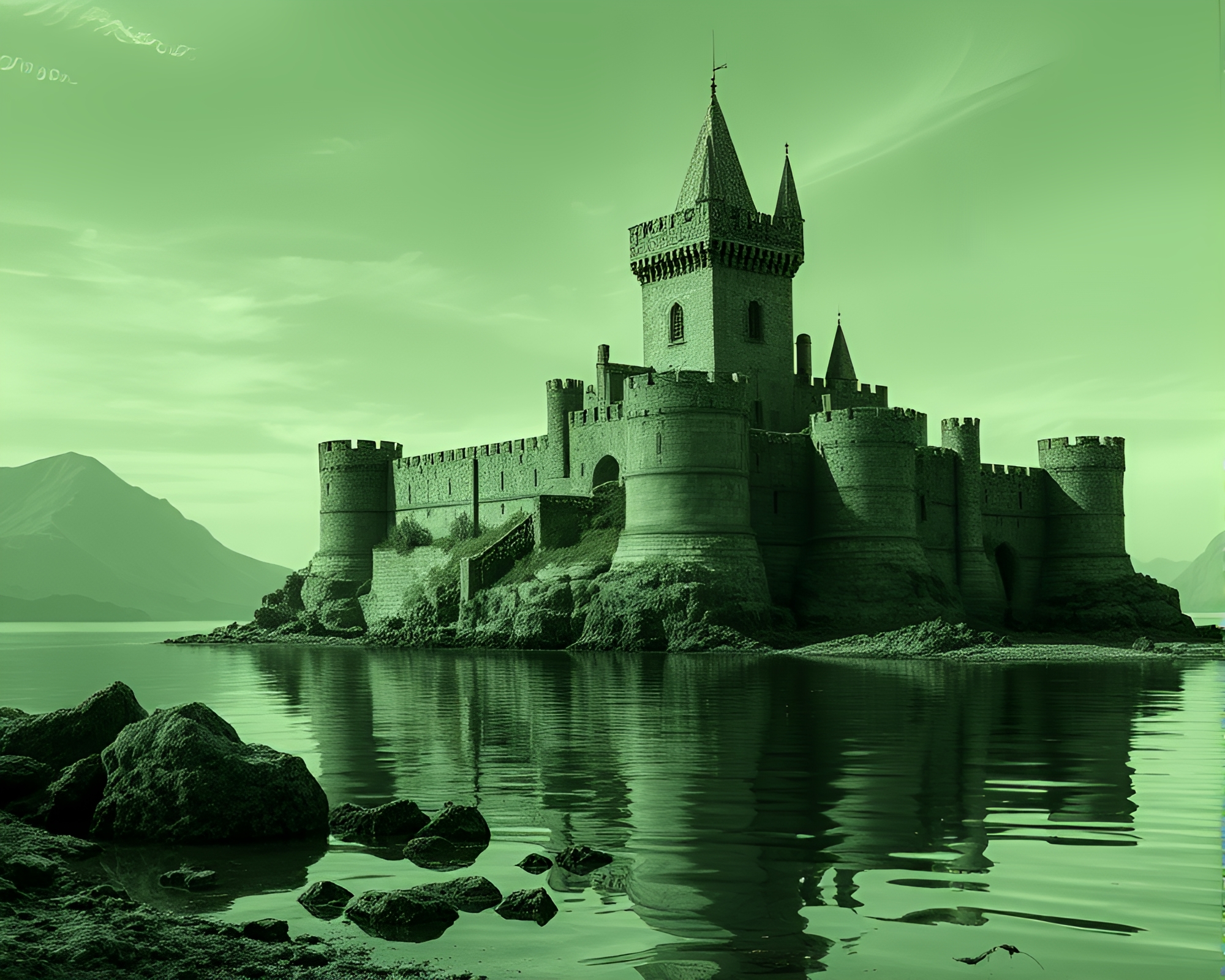 Eerie Deserted Castle Reflecting in Distorted Water – free AI stock image