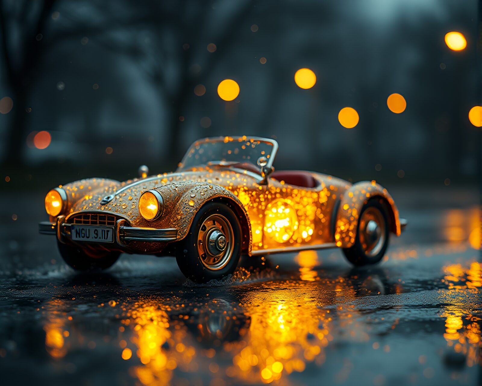 Wet glass beads refracting warm light on futuristic vehicle