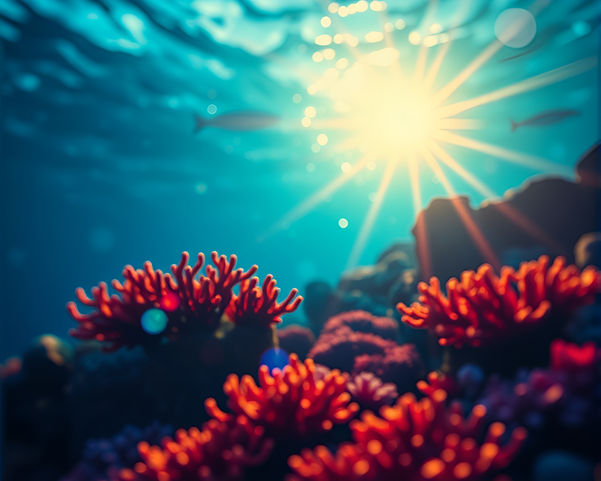 Sunlit Coral Reef with Bokeh Lights in Woodcut Style – free AI stock image