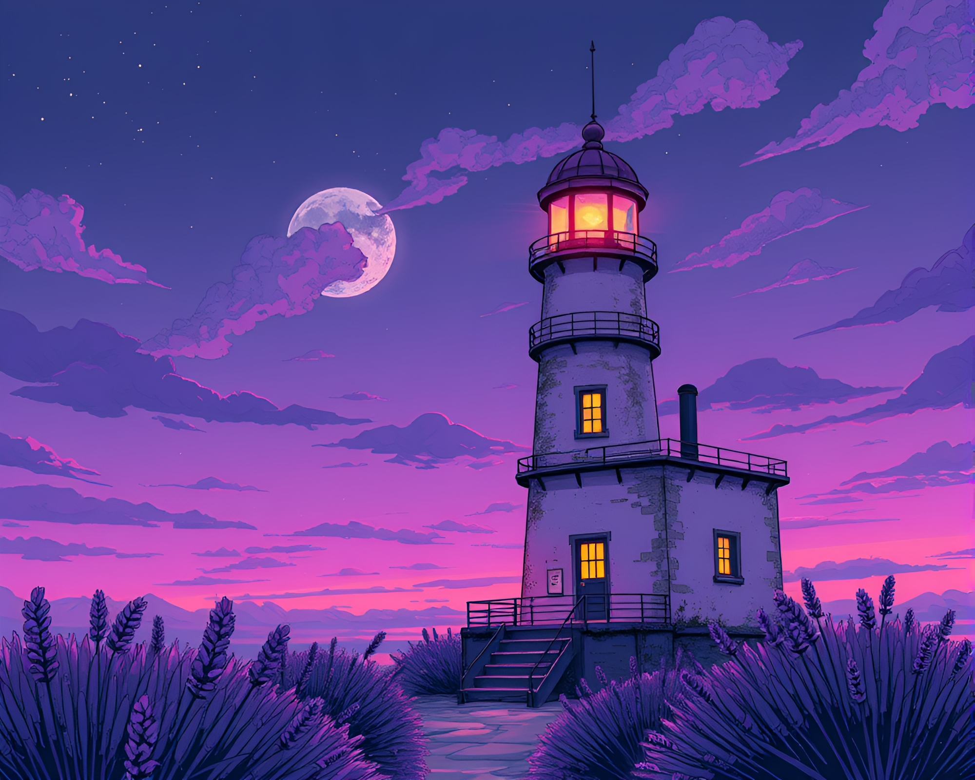Lavender Twilight Cyberpunk Lighthouse Street Art – free AI stock image