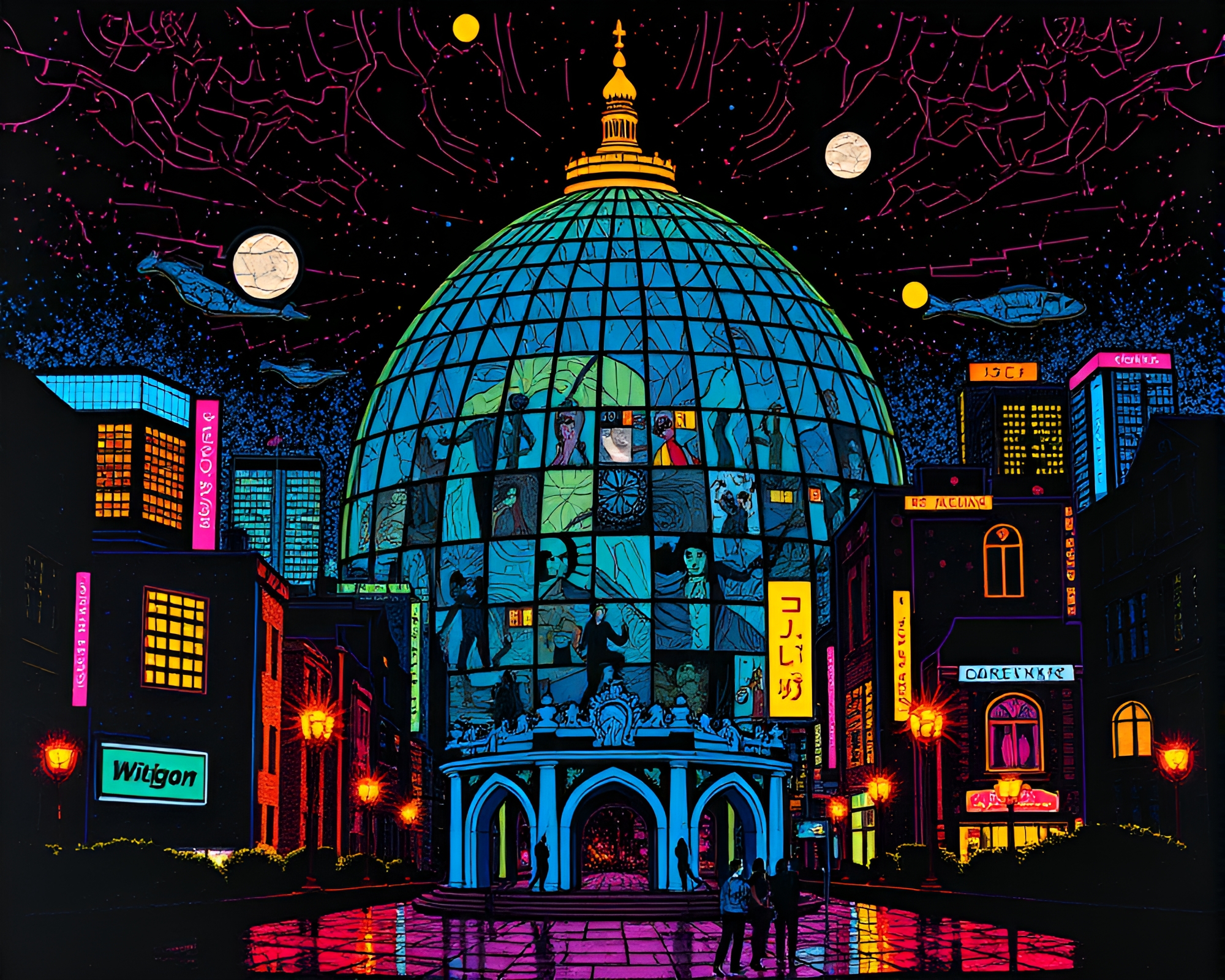 Neon City Stained Glass Linocut Print – free AI stock image