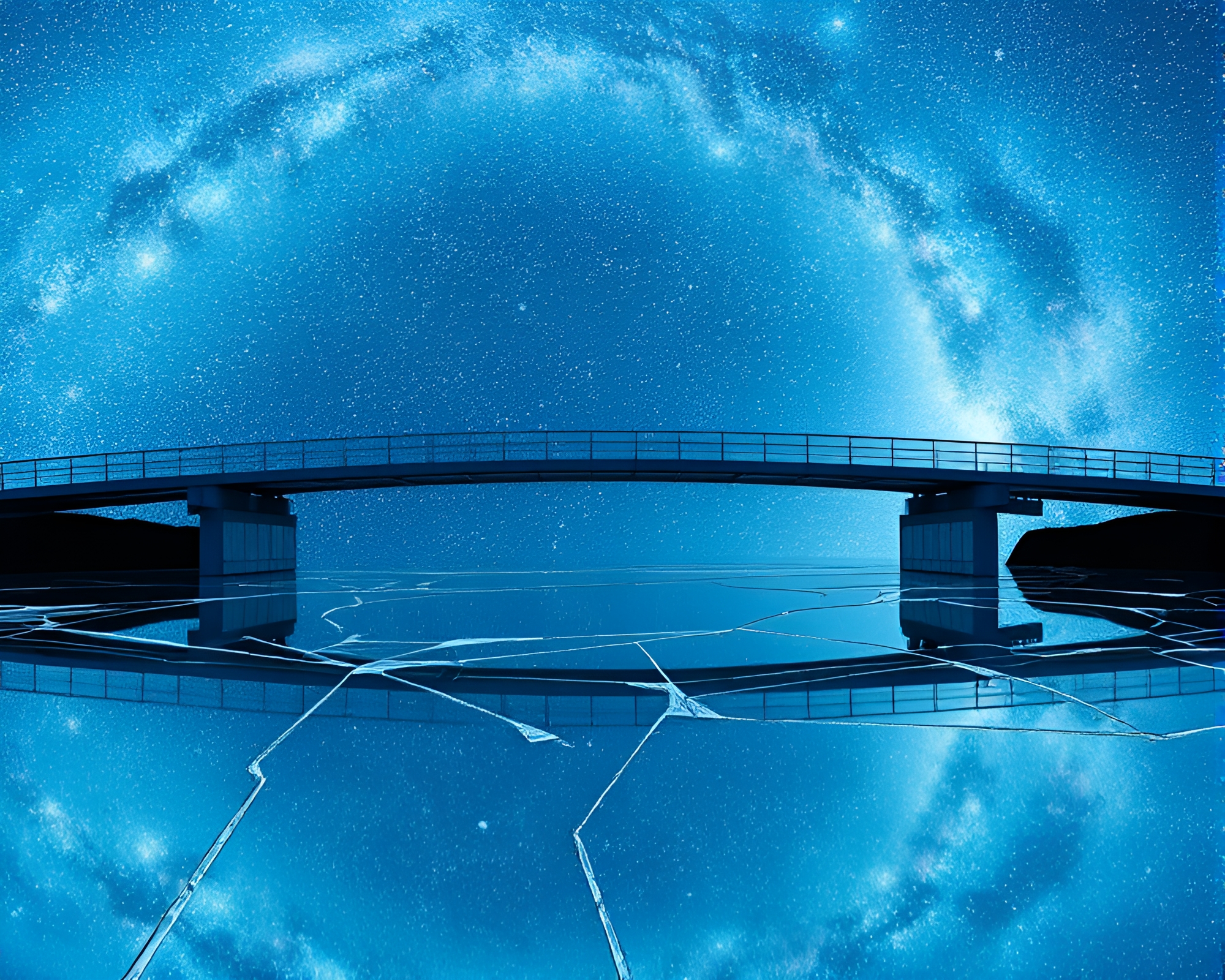 Shattered Glass Bridge Reflecting Milky Way Swirl – free AI stock image