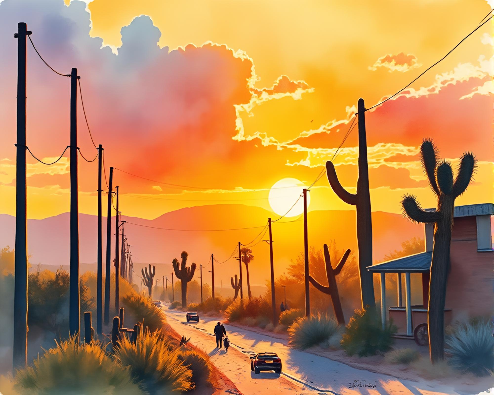 Wildlife Watercolor Street Art Tags in Desert Sunset – free AI stock image