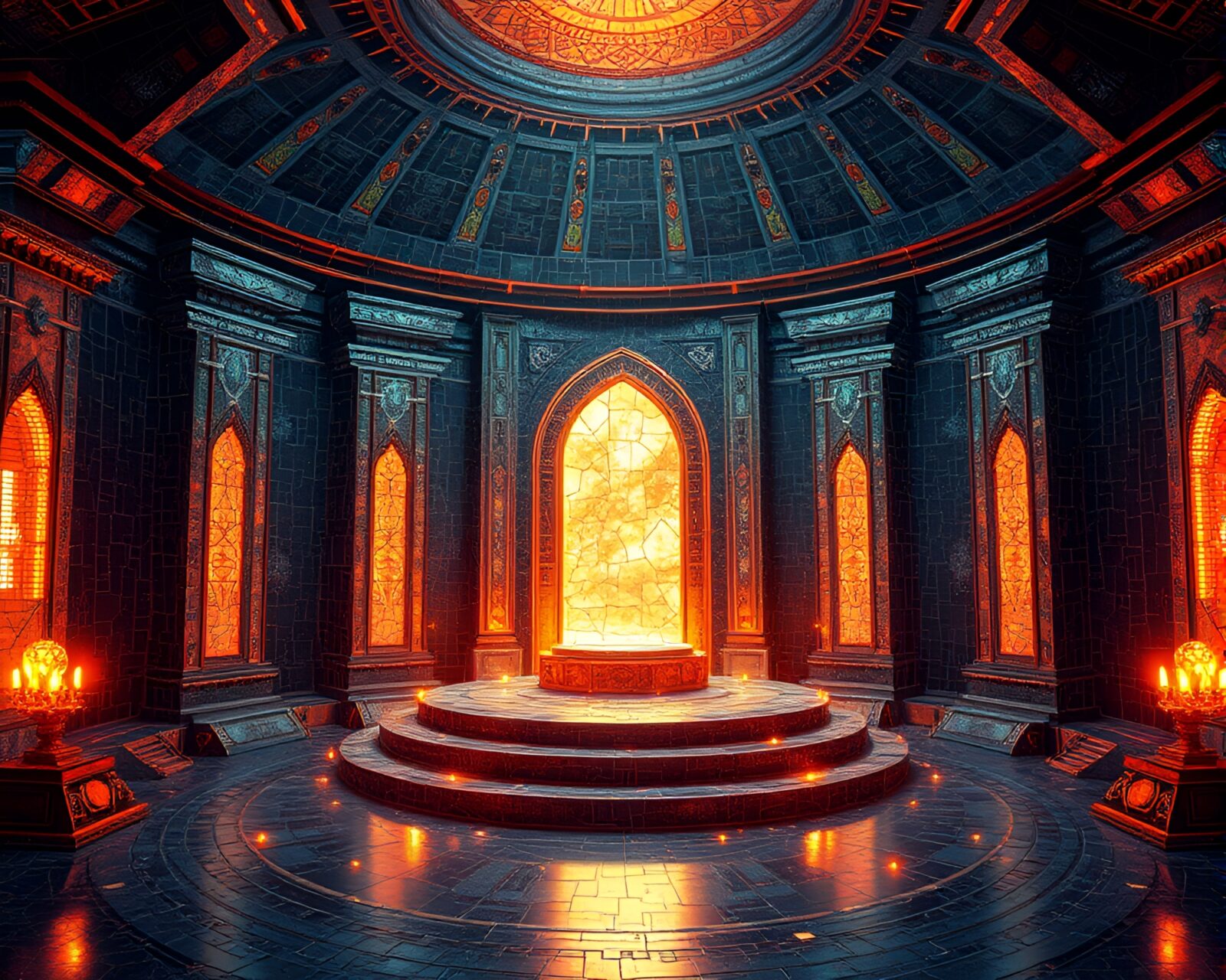 Abstract satellite-themed throne room in blueprint style with broken mosaic fragments