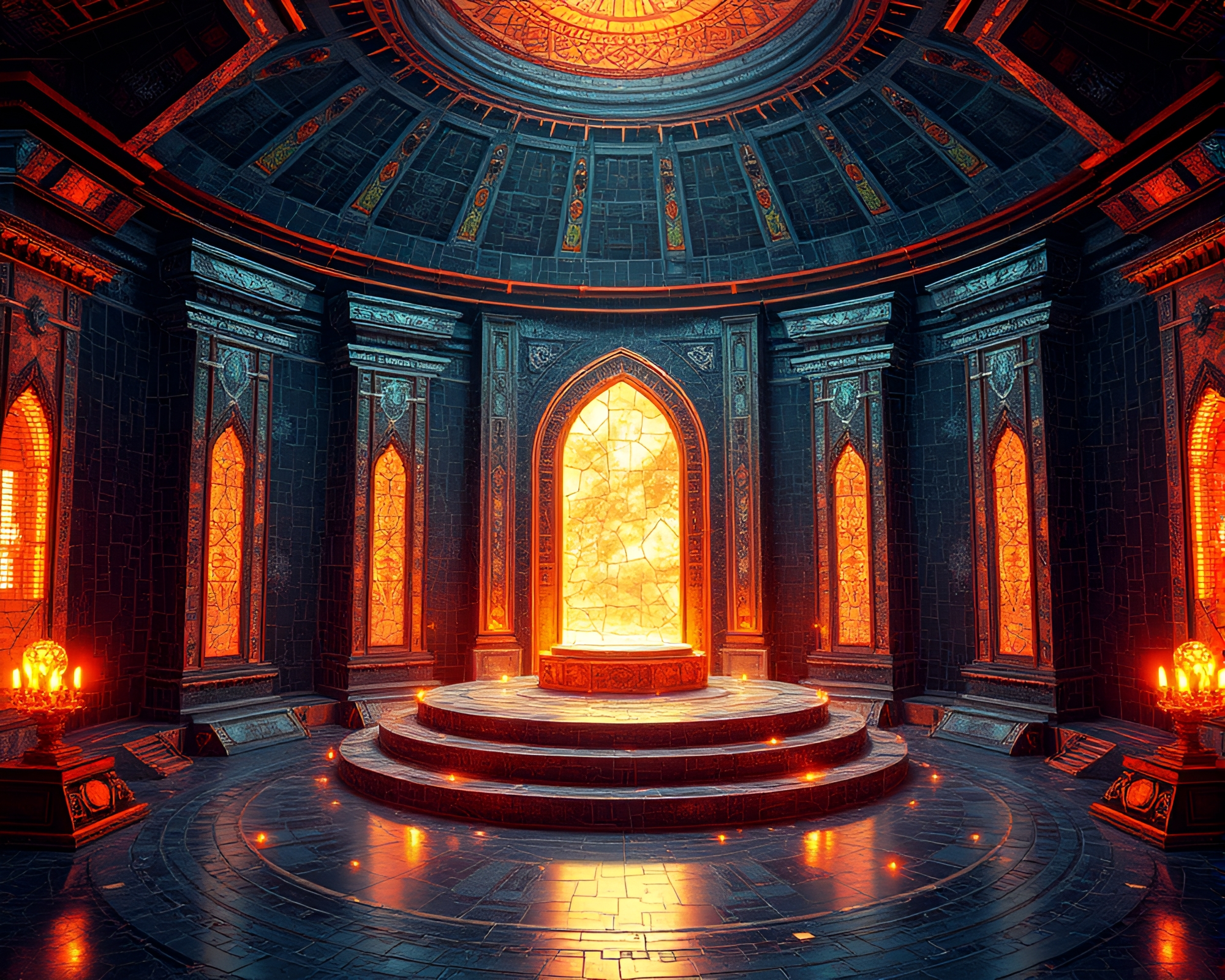 Satellite Throne Room: Broken Mosaic Blueprint Glow – free AI stock image