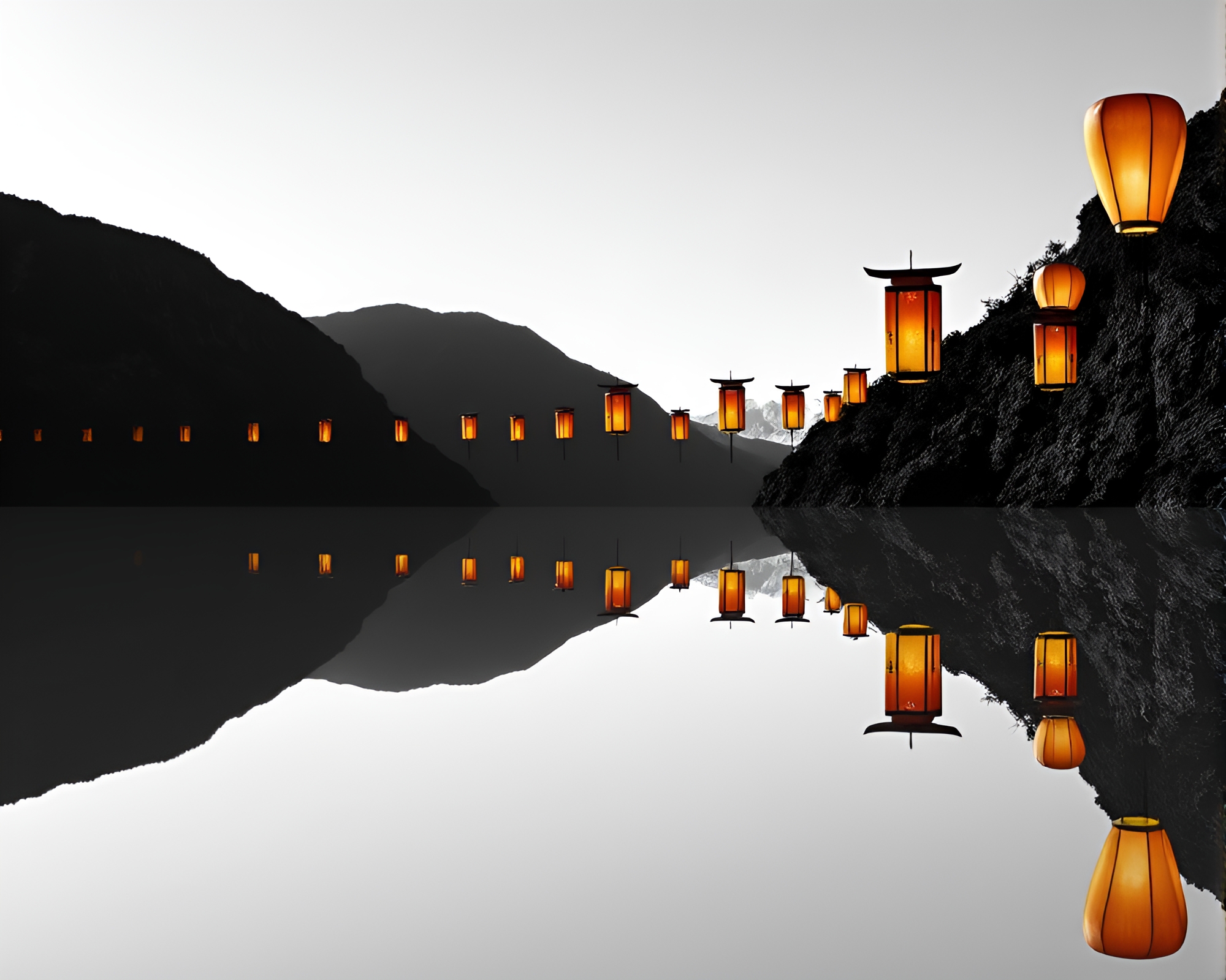 Surreal Reflection: Lanterns on Cliffside – free AI stock image