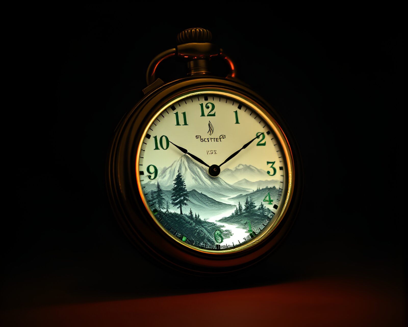 Glowing pocket watch surrounded by mystical etched scenery