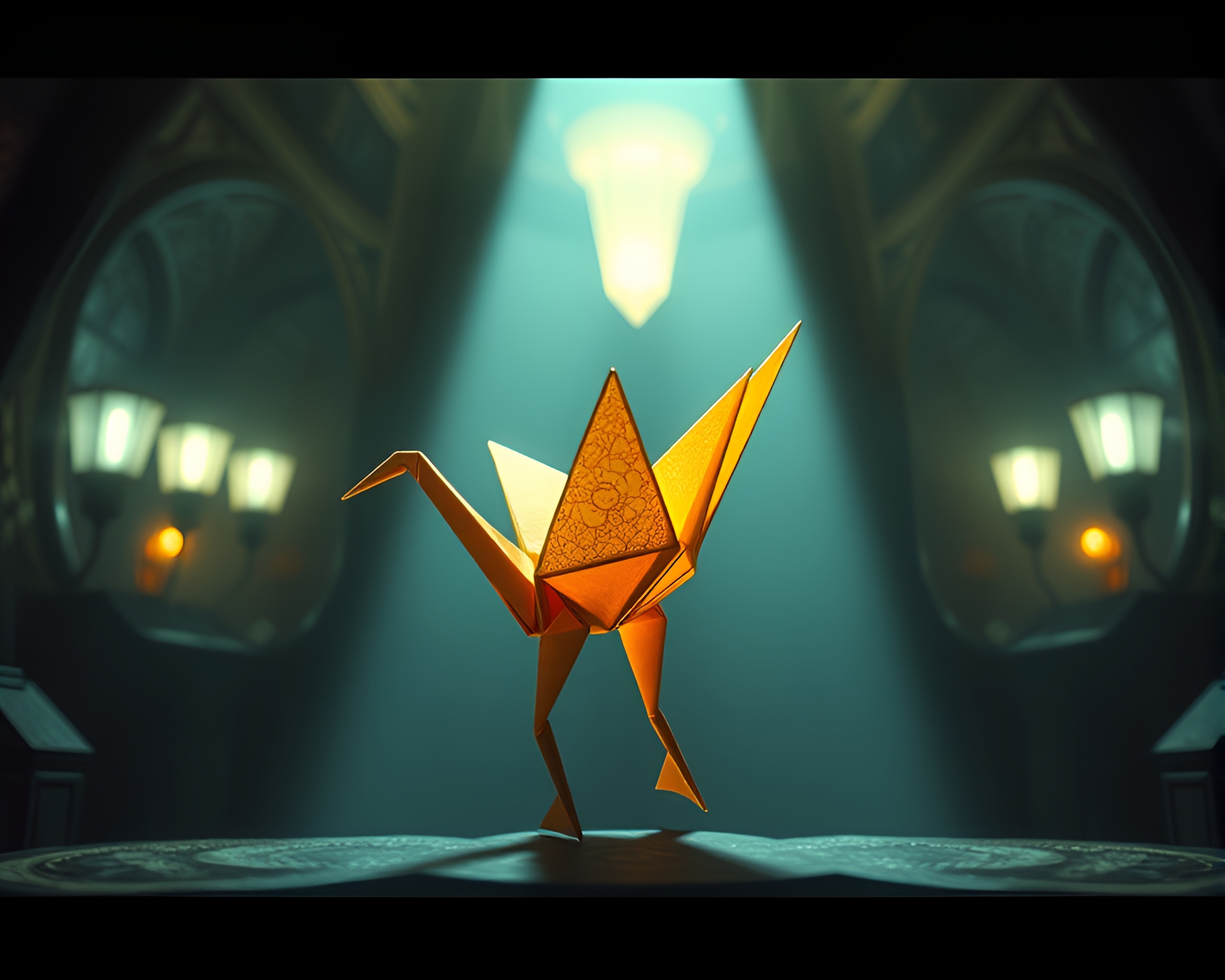 Digital Origami Crane in Dungeon Torchlight Scene – free AI stock image