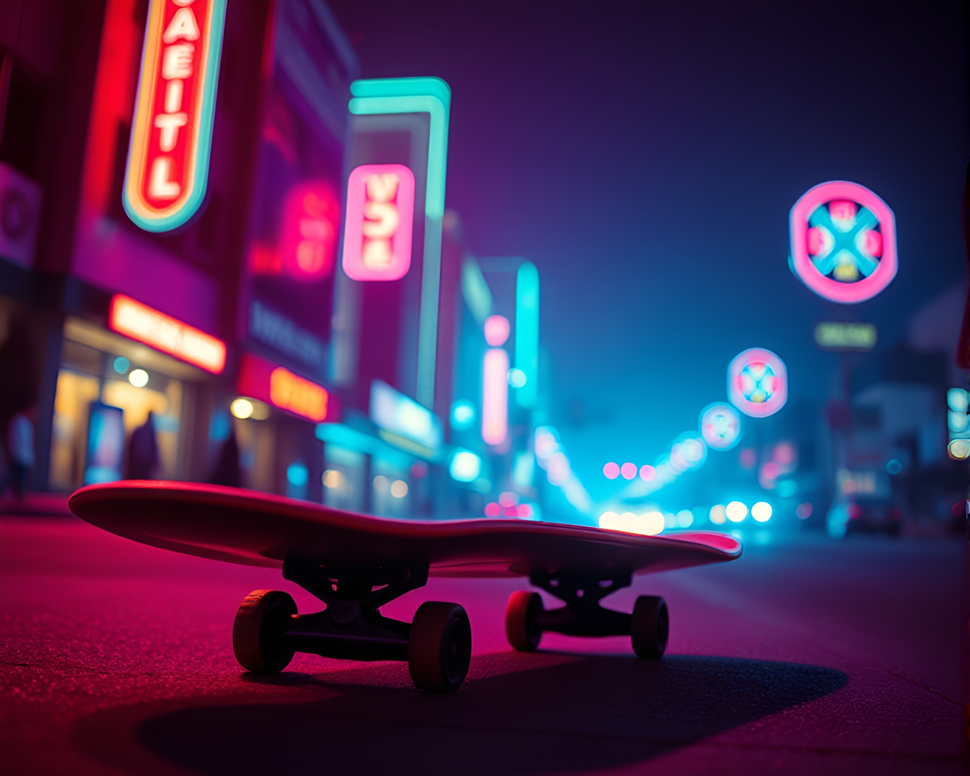 Neon Skateboarder Duotone Light Leaks Cityscape – free AI stock image
