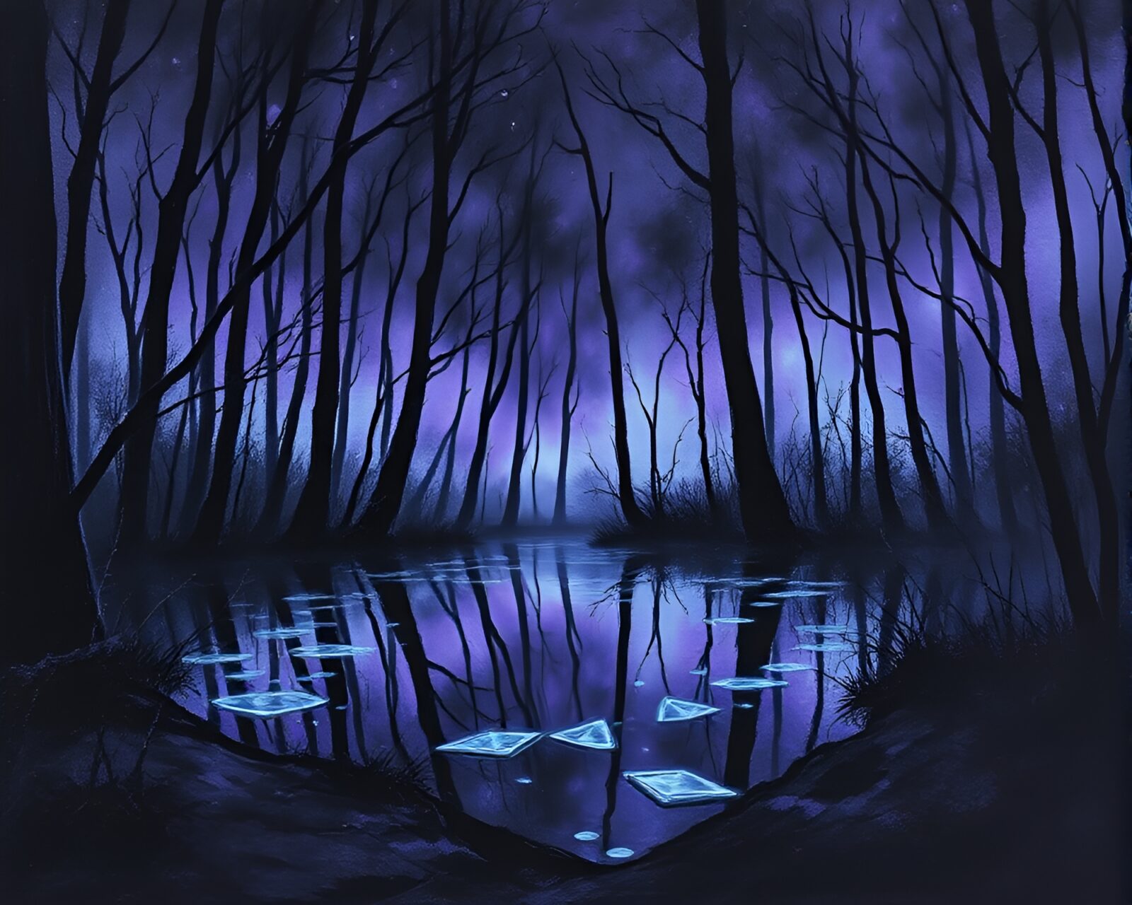Vibrant purple lights in a dark forest sketch
