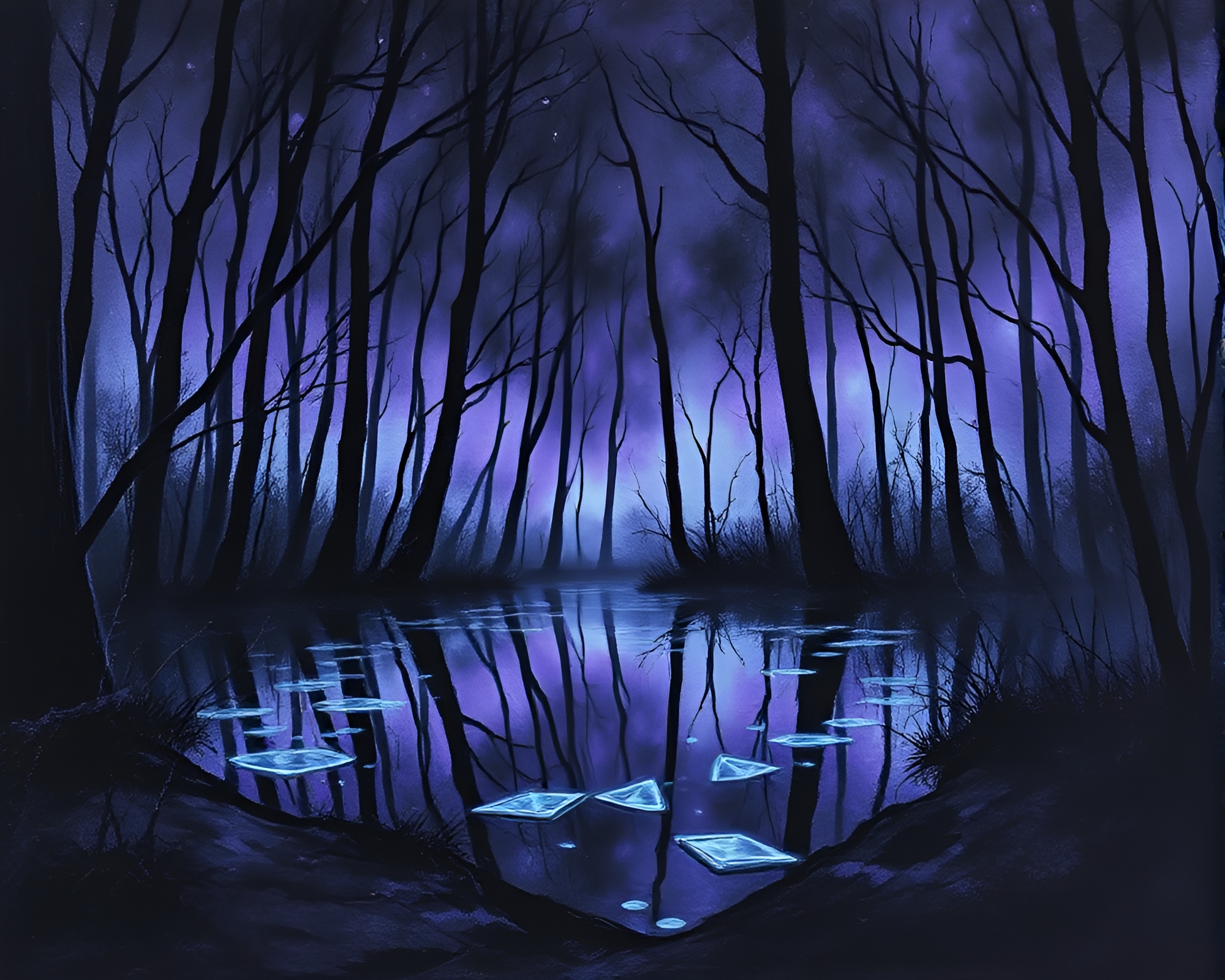 Bioluminescent Forest Reflections: Amethyst Charcoal Sketch – free AI stock image