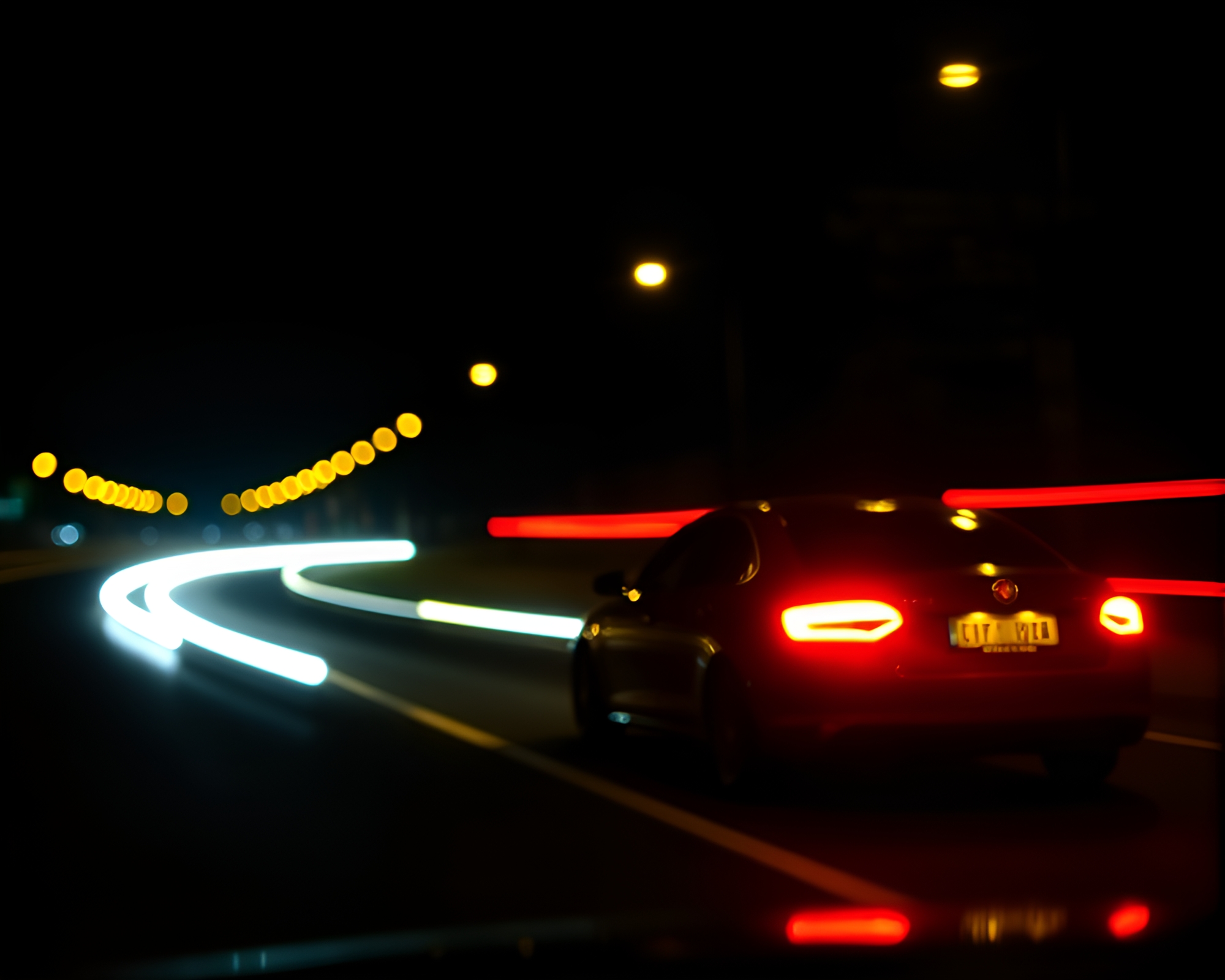 Futuristic Car Light Trails Illuminate Silhouette of Giant Croissant – free AI stock image